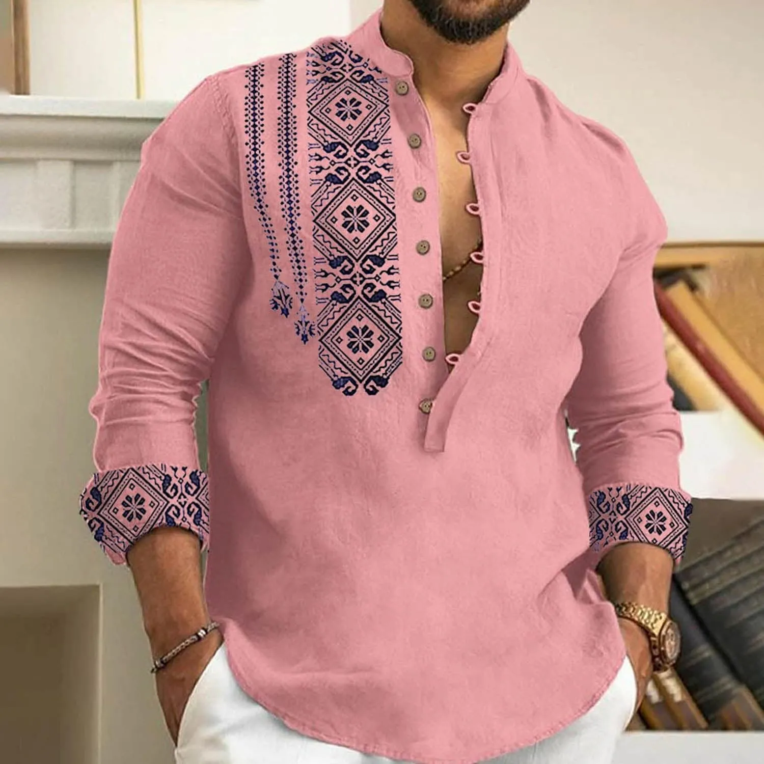 2024 Linen Shirts for Men Henley Long Sleeve Casual Banded Collar Button Vintage Beach Hawaiian T Shirt