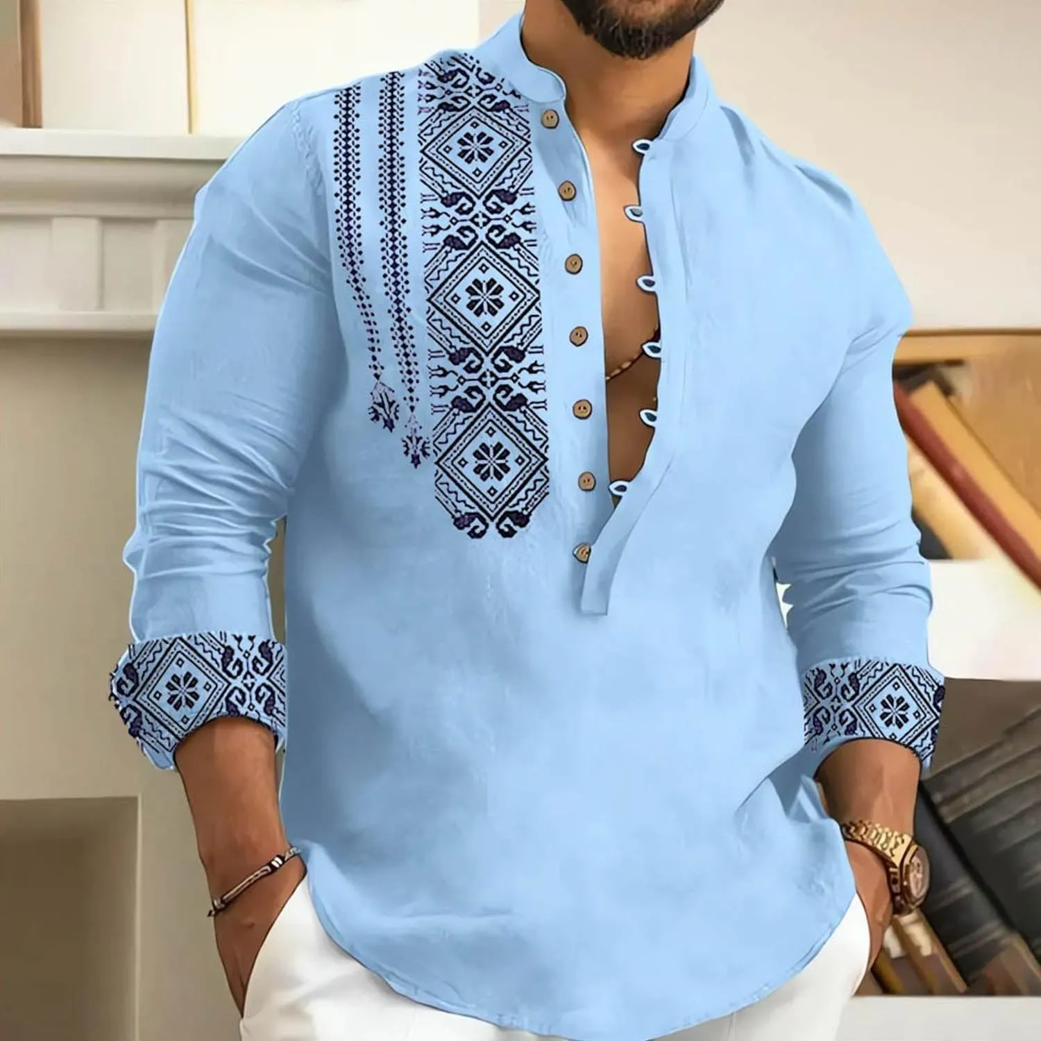 2024 Linen Shirts for Men Henley Long Sleeve Casual Banded Collar Button Vintage Beach Hawaiian T Shirt