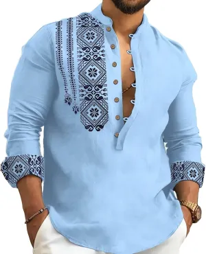 2024 Linen Shirts for Men Henley Long Sleeve Casual Banded Collar Button Vintage Beach Hawaiian T Shirt