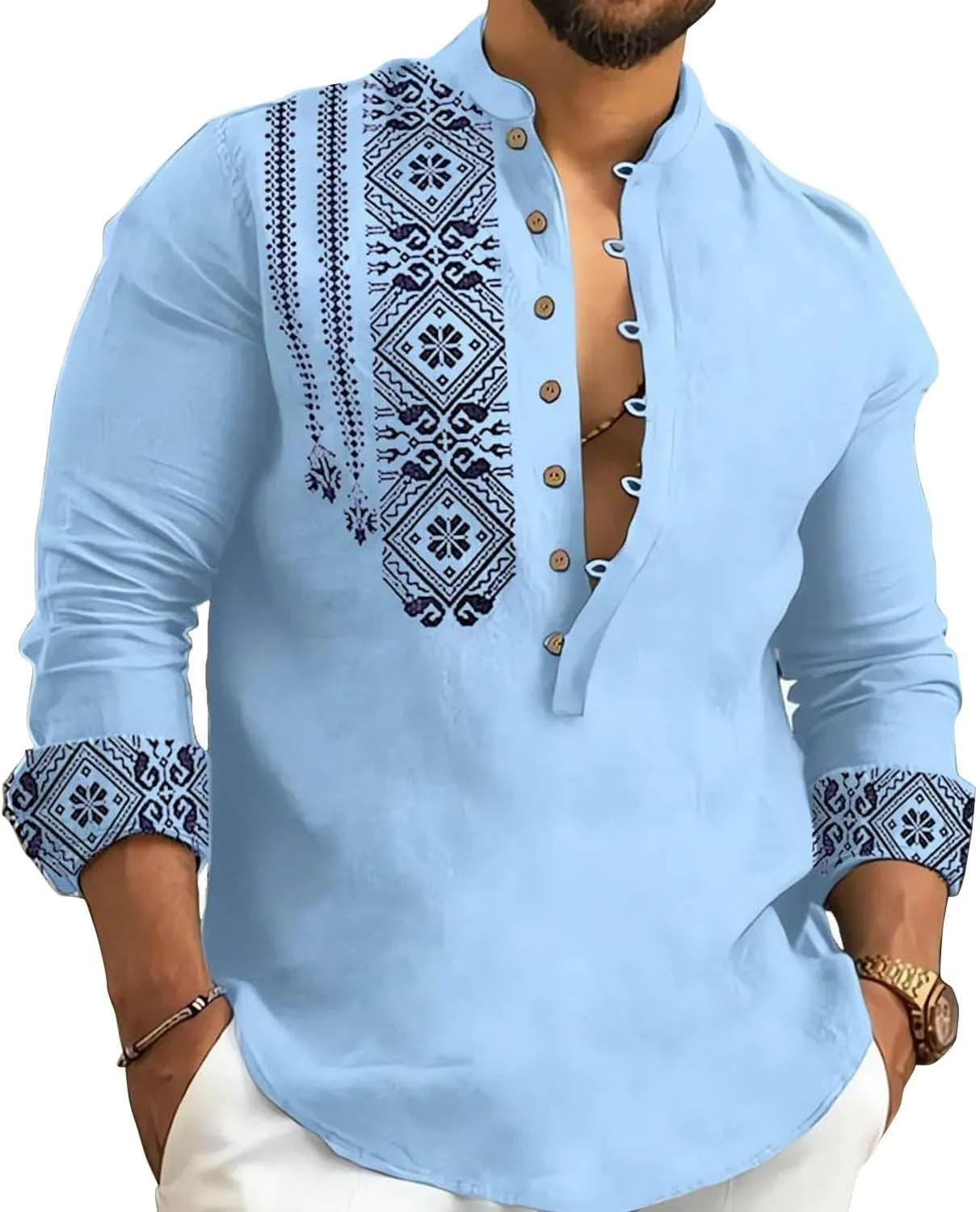 2024 Linen Shirts for Men Henley Long Sleeve Casual Banded Collar Button Vintage Beach Hawaiian T Shirt