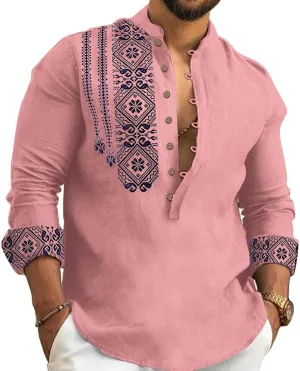 2024 Linen Shirts for Men Henley Long Sleeve Casual Banded Collar Button Vintage Beach Hawaiian T Shirt