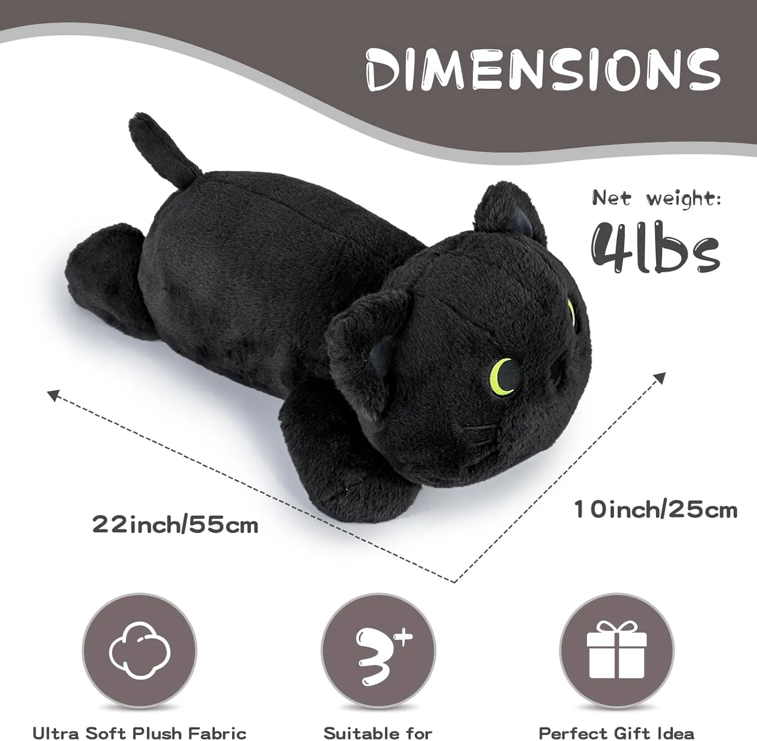 22 inch 4 lbs Big Weighted Stuffed Animal Black Cat Throw Pillow Soft Body Doll Cute Giant Weighted Cat Plush Toy Gift for Kids Girls Boys Birthday Valentines