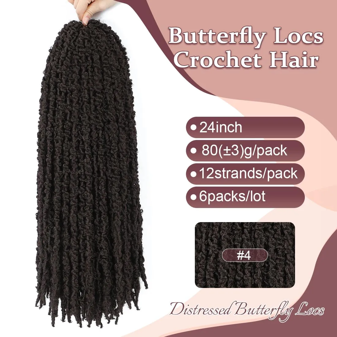 24 inch Butterfly Locs Crochet Hair Distressed Faux Locs Pre Looped Crochet Hair for Black Women 6 Packs Long Butterfly Soft Locs Hair Extension(24inch,#4)