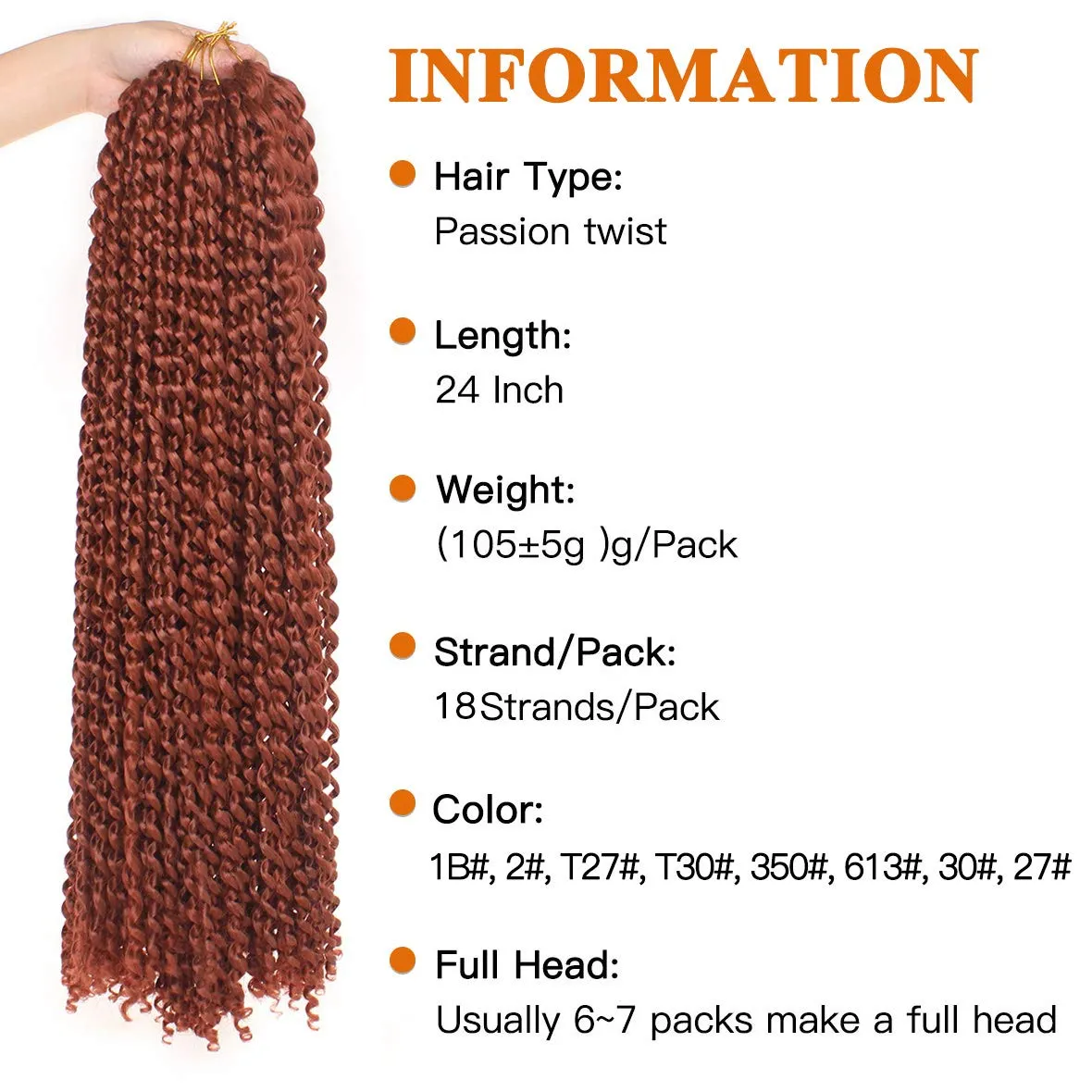 24 Inch Copper Red Passion Twist Hair 7 Packs Water Wave Crochet Hair For Butterfly Locs Goddess Locs Long Bohemian Curl Hair Synthetic Braiding Hair Extensions (24 Inch,350#)