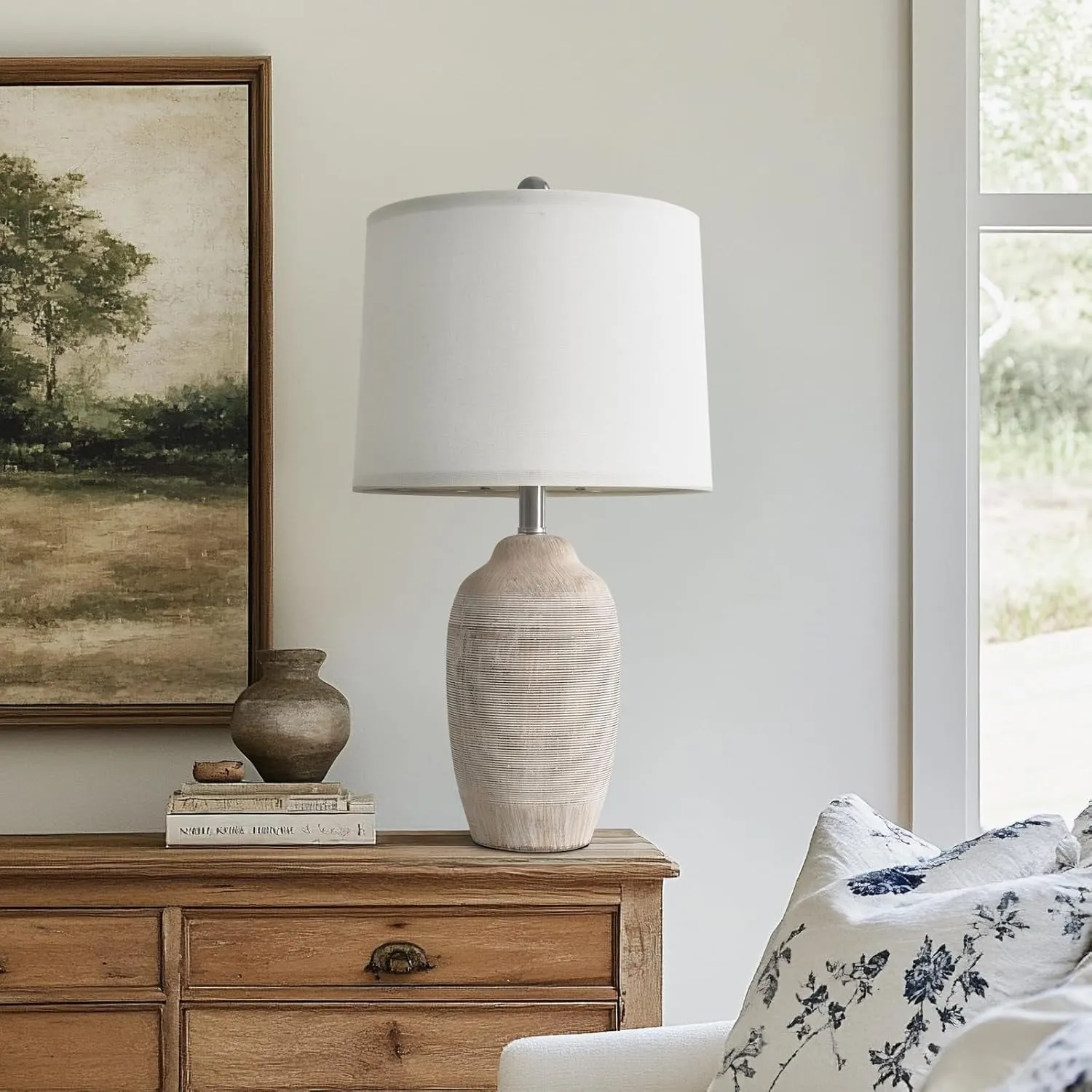 24.5" Vintage Ceramic Pot Table Lamp, Farmhouse Rustic Lamp for Living Room,Single Bedside Lamp for Bedroom, End Tables and Nightstand
