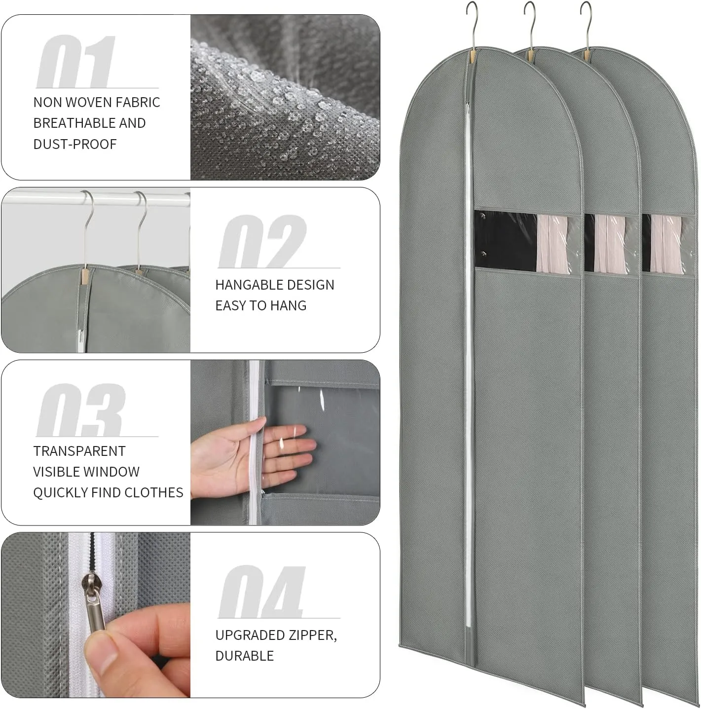 24"X60"6PACK Garment Bags for Hanging Clothes Travel Suit Cover Bags for Closet Storage with Clear Window Dress Bag for Gowns Long with Zipper Non-Woven Fabric Coat Bag for men