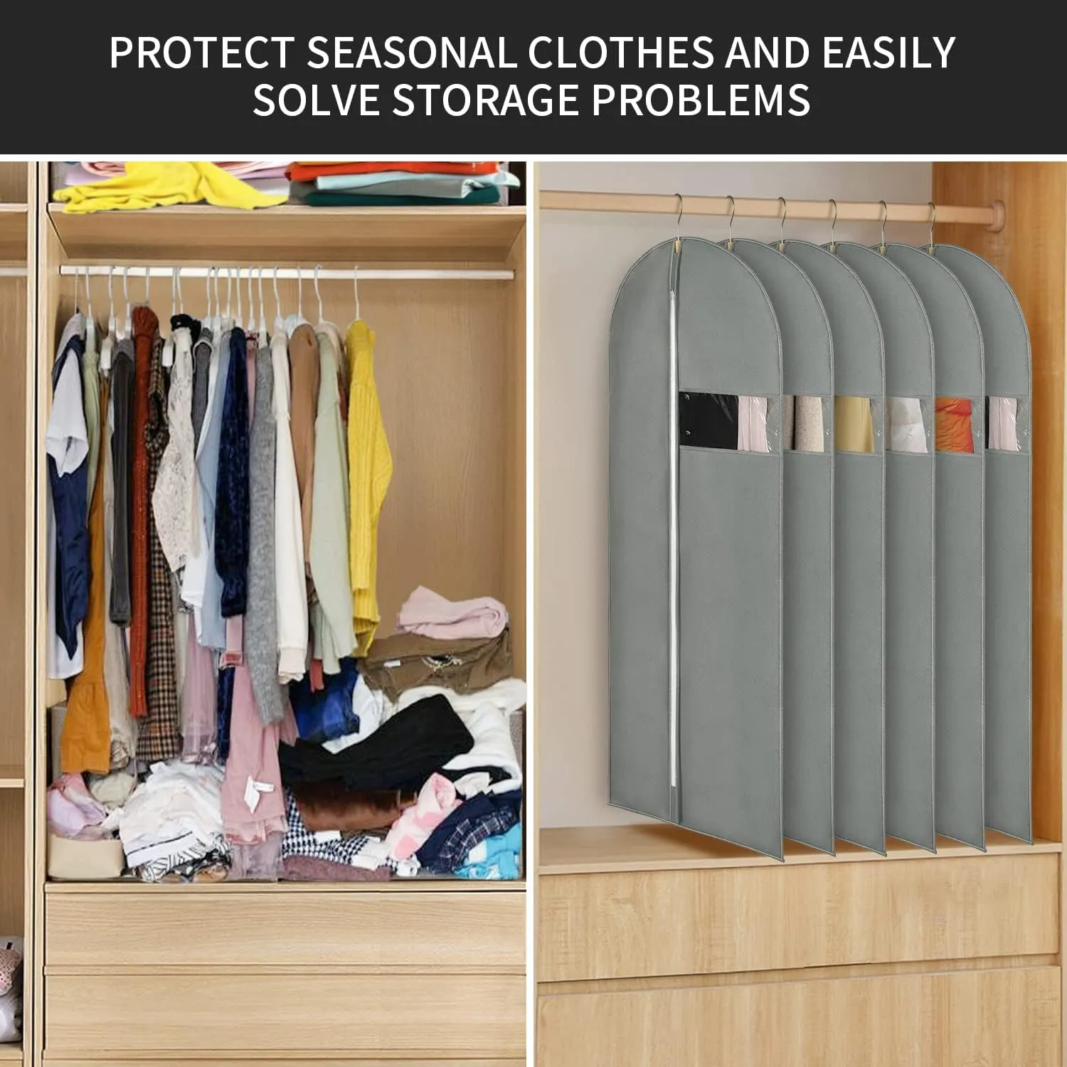 24"X60"6PACK Garment Bags for Hanging Clothes Travel Suit Cover Bags for Closet Storage with Clear Window Dress Bag for Gowns Long with Zipper Non-Woven Fabric Coat Bag for men