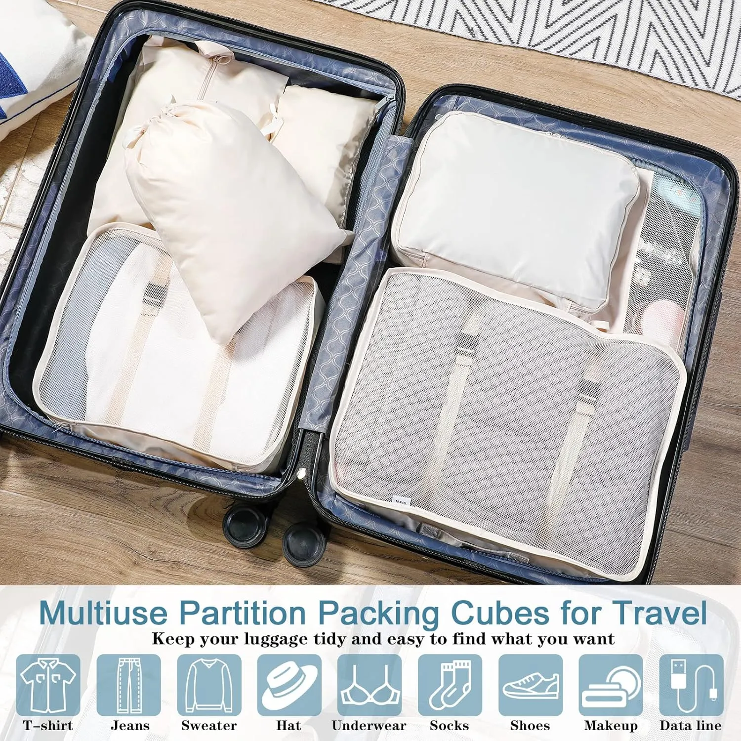 28 Pcs Packing Cubes Packing Organizers Luggage Organizer Bags Foldable Travel Luggage Cubes Suitcases Organizer Bags (Light Color)