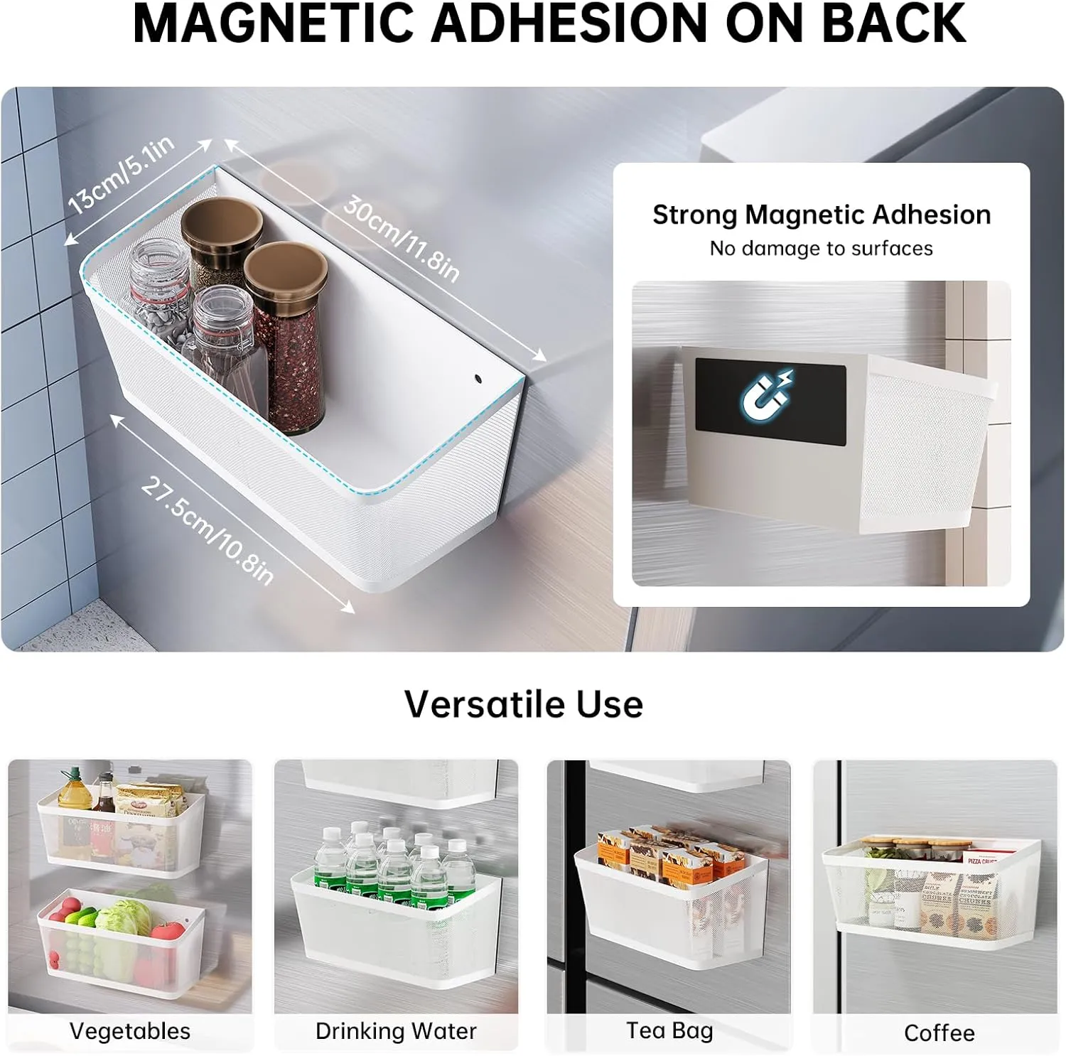 2Pcs Magnetic Spice Rack for Fridge Magnet Hanging Basket Holder for Seasonings Fruit Vegetables Coffee Beans Magnetic Organizer Shelf, Kitchen Refrigerator Organizers and Storage, Metal (2, White)