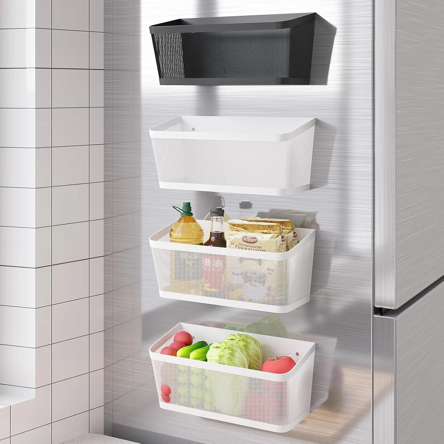 2Pcs Magnetic Spice Rack for Fridge Magnet Hanging Basket Holder for Seasonings Fruit Vegetables Coffee Beans Magnetic Organizer Shelf, Kitchen Refrigerator Organizers and Storage, Metal (2, White)