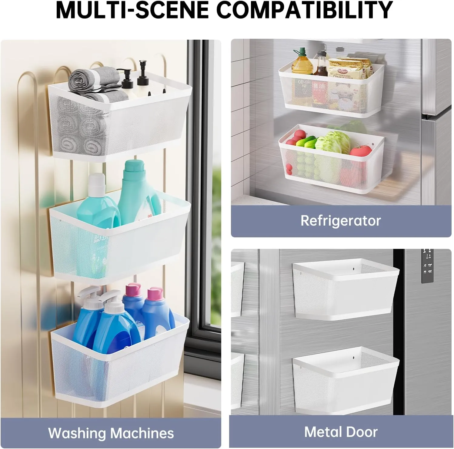 2Pcs Magnetic Spice Rack for Fridge Magnet Hanging Basket Holder for Seasonings Fruit Vegetables Coffee Beans Magnetic Organizer Shelf, Kitchen Refrigerator Organizers and Storage, Metal (2, White)