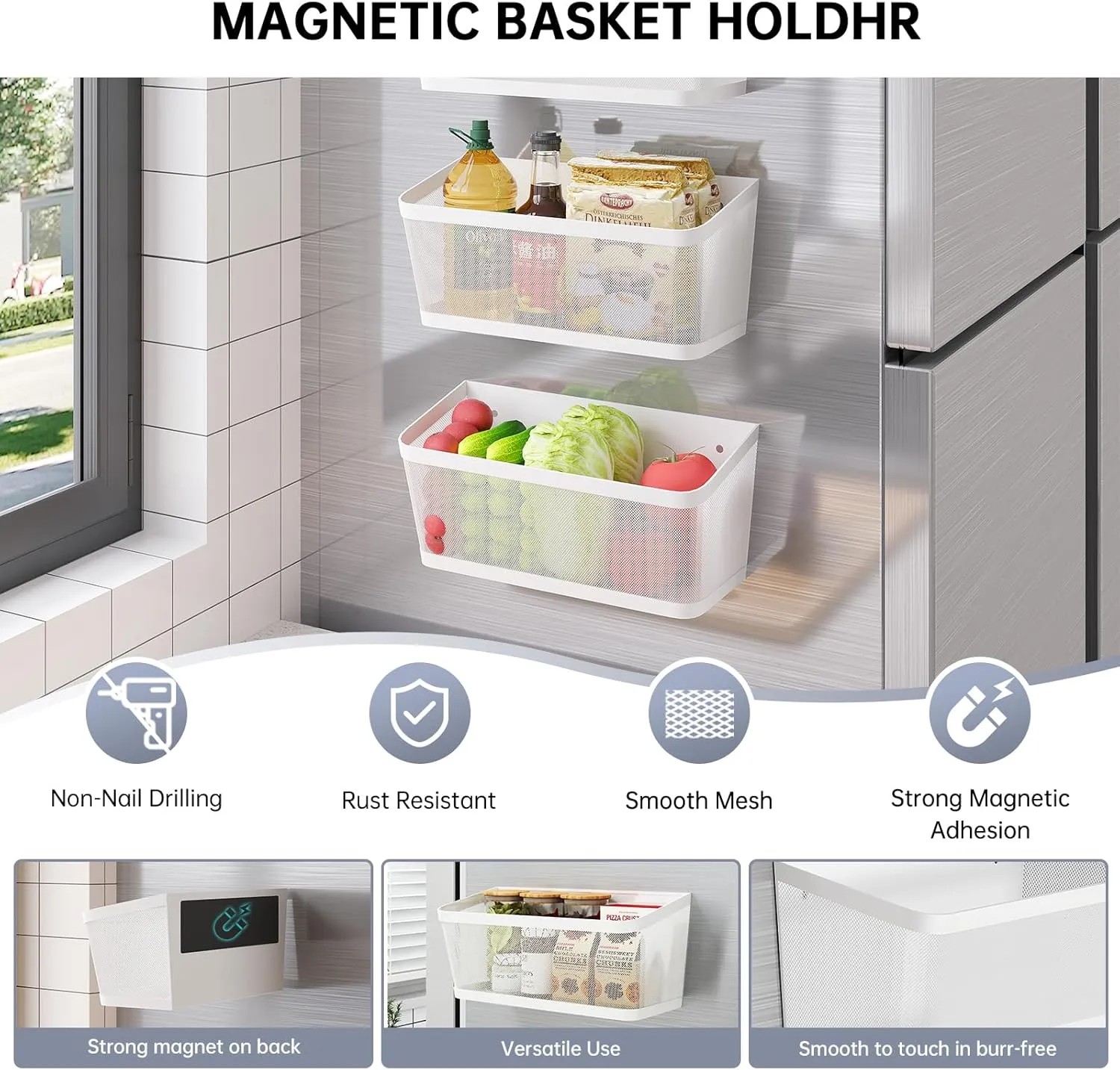 2Pcs Magnetic Spice Rack for Fridge Magnet Hanging Basket Holder for Seasonings Fruit Vegetables Coffee Beans Magnetic Organizer Shelf, Kitchen Refrigerator Organizers and Storage, Metal (2, White)