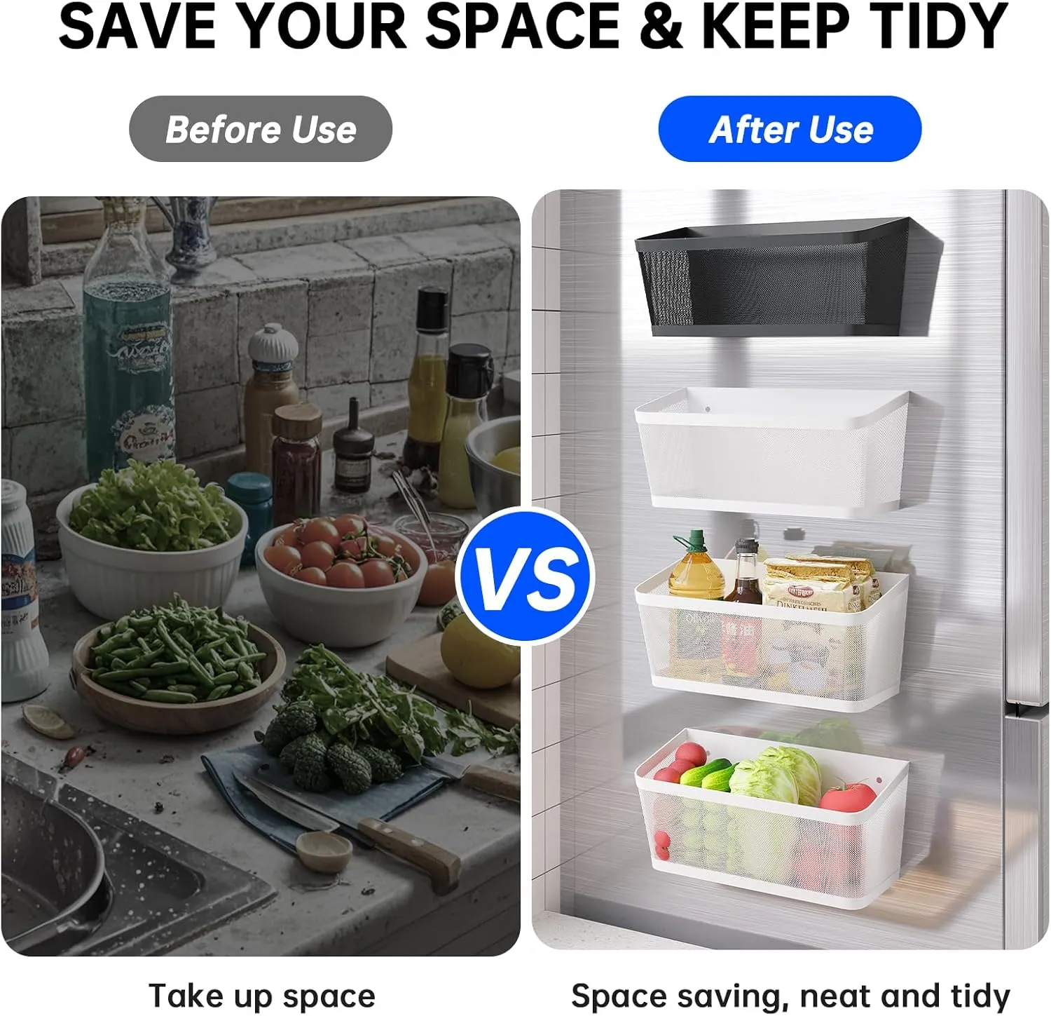 2Pcs Magnetic Spice Rack for Fridge Magnet Hanging Basket Holder for Seasonings Fruit Vegetables Coffee Beans Magnetic Organizer Shelf, Kitchen Refrigerator Organizers and Storage, Metal (2, White)