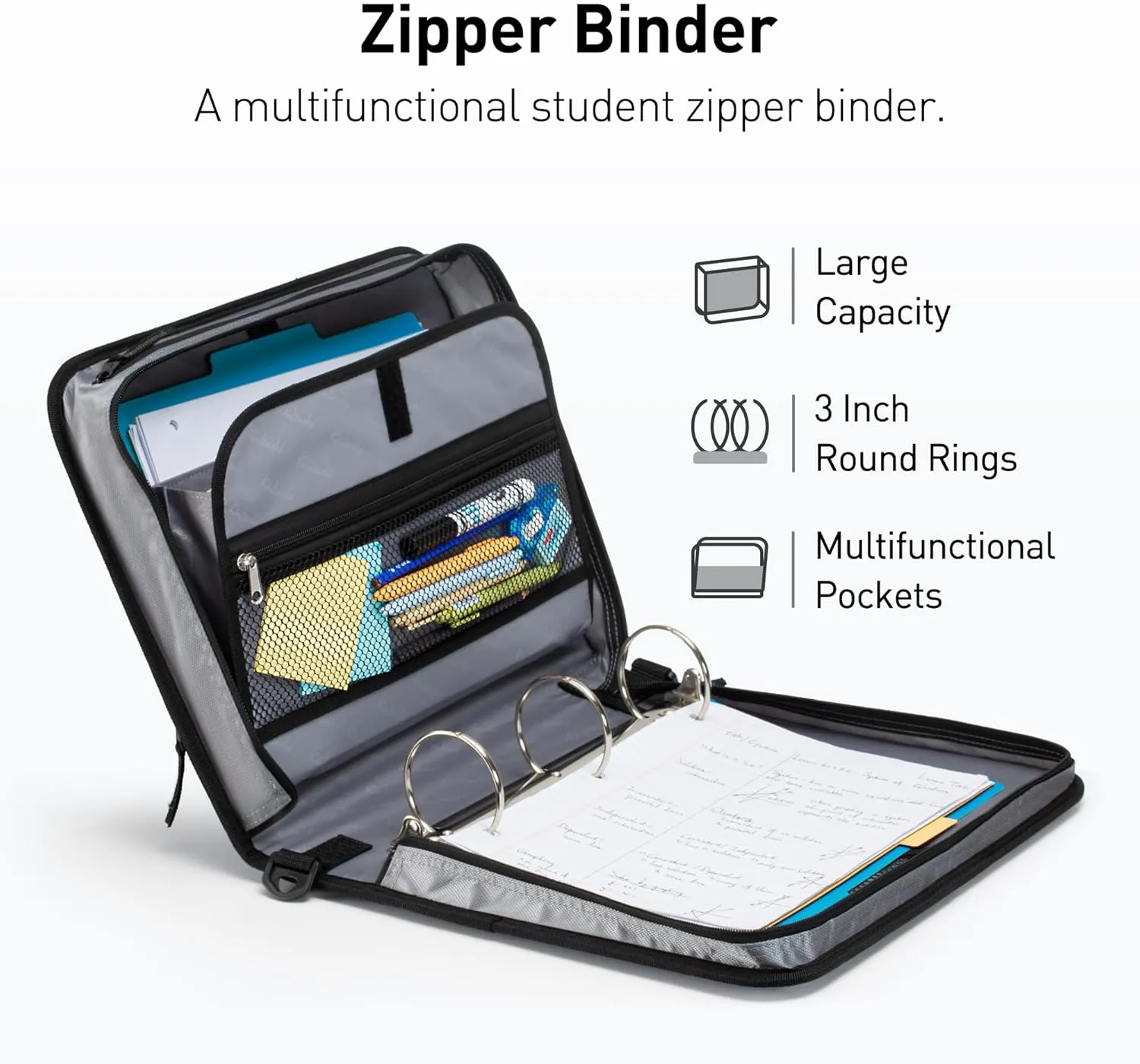 3 Ring Binder, 3 Inch O-Ring Zipper Binder with Shoulder Strap, Expanding Files and Multiple Pockets, Jet Black