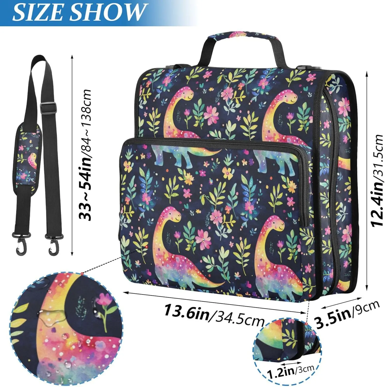3 Rings 1.5 inch Binder with Extra Pockets with Shoulder Strap Includes Zip Pocket School Supplies Organizer for Middle School Funny Dinosaurs