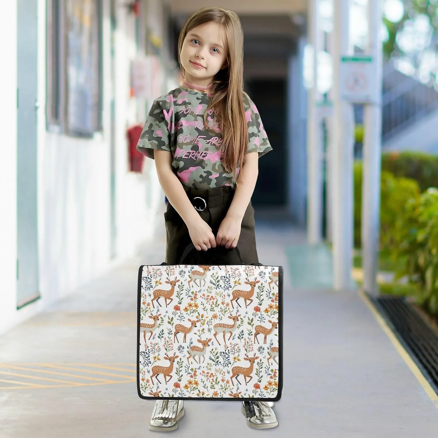 3 Rings 1.5 inch Zipper Binder with Handle Multi-Pocket Portable Home Travel Safe Storage Bag for School/Office Cute Deer
