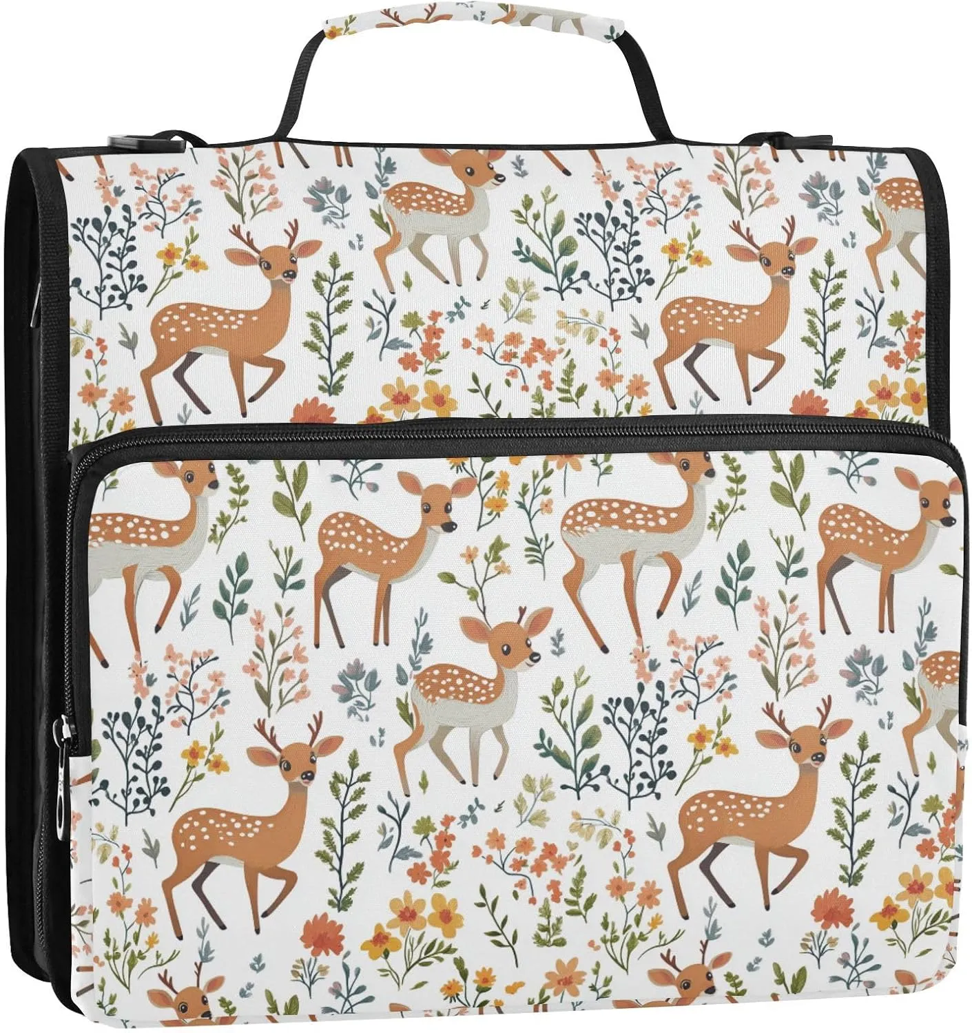 3 Rings 1.5 inch Zipper Binder with Handle Multi-Pocket Portable Home Travel Safe Storage Bag for School/Office Cute Deer