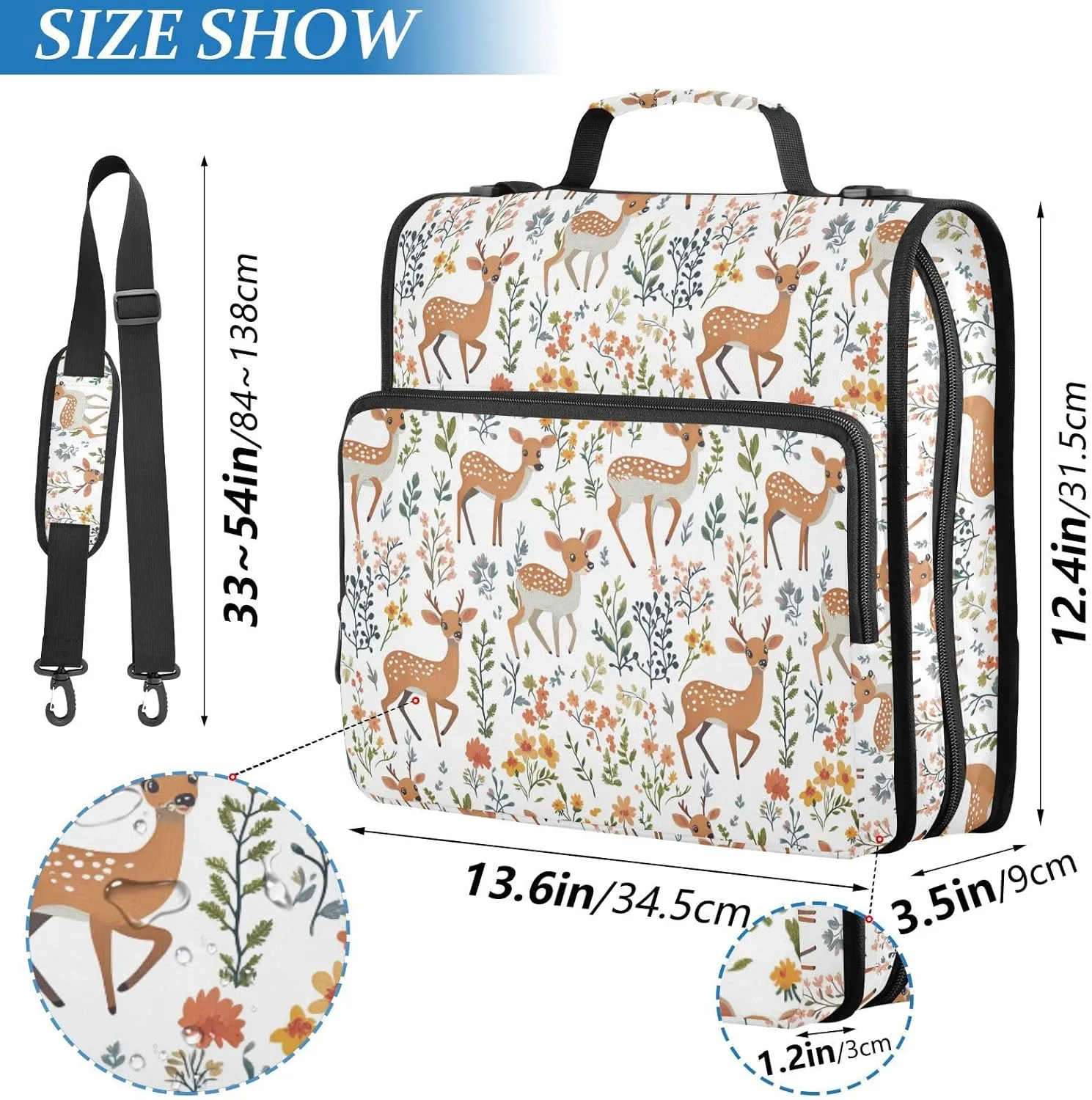 3 Rings 1.5 inch Zipper Binder with Handle Multi-Pocket Portable Home Travel Safe Storage Bag for School/Office Cute Deer