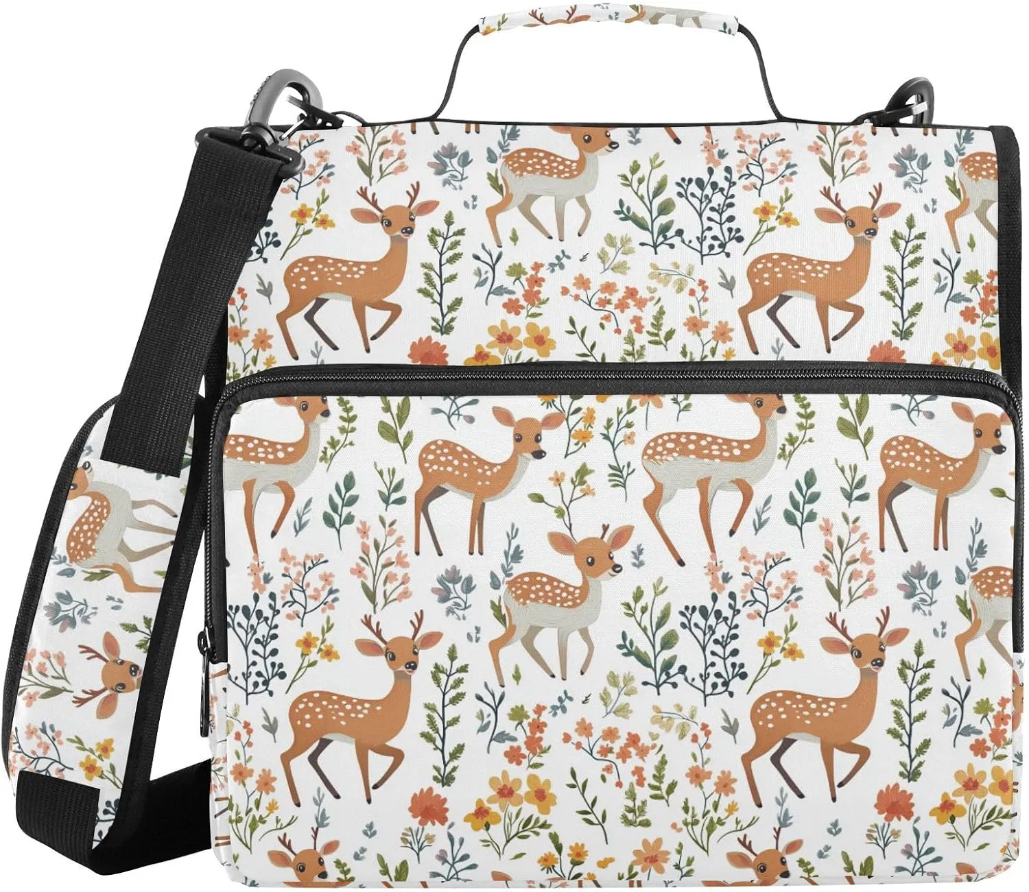 3 Rings 1.5 inch Zipper Binder with Handle Multi-Pocket Portable Home Travel Safe Storage Bag for School/Office Cute Deer