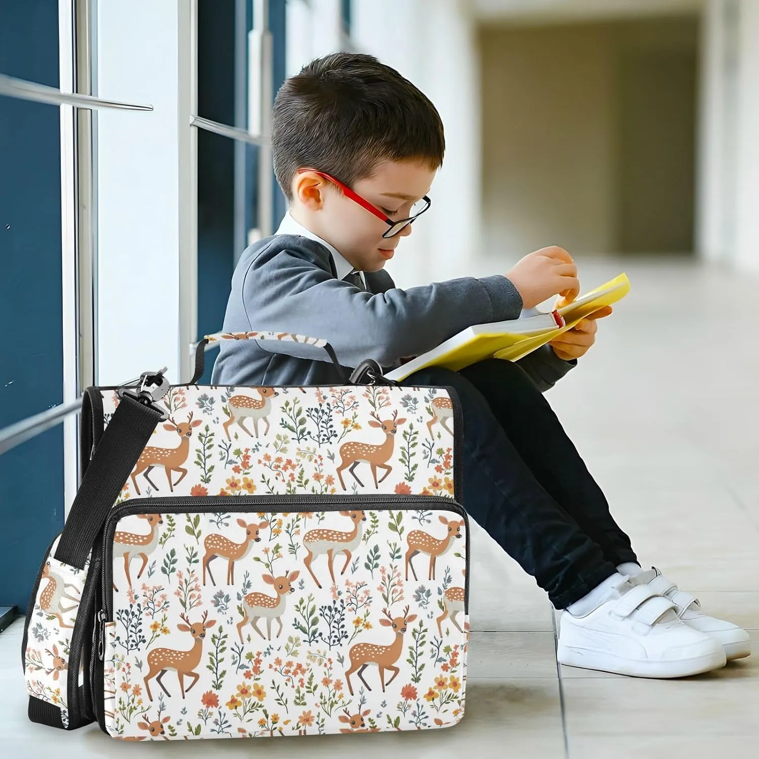 3 Rings 1.5 inch Zipper Binder with Handle Multi-Pocket Portable Home Travel Safe Storage Bag for School/Office Cute Deer