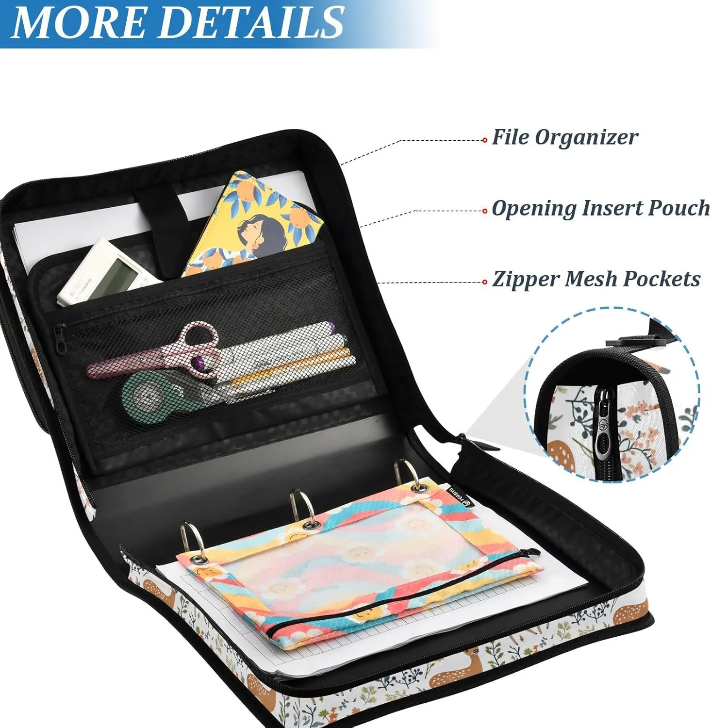 3 Rings 1.5 inch Zipper Binder with Handle Multi-Pocket Portable Home Travel Safe Storage Bag for School/Office Cute Deer
