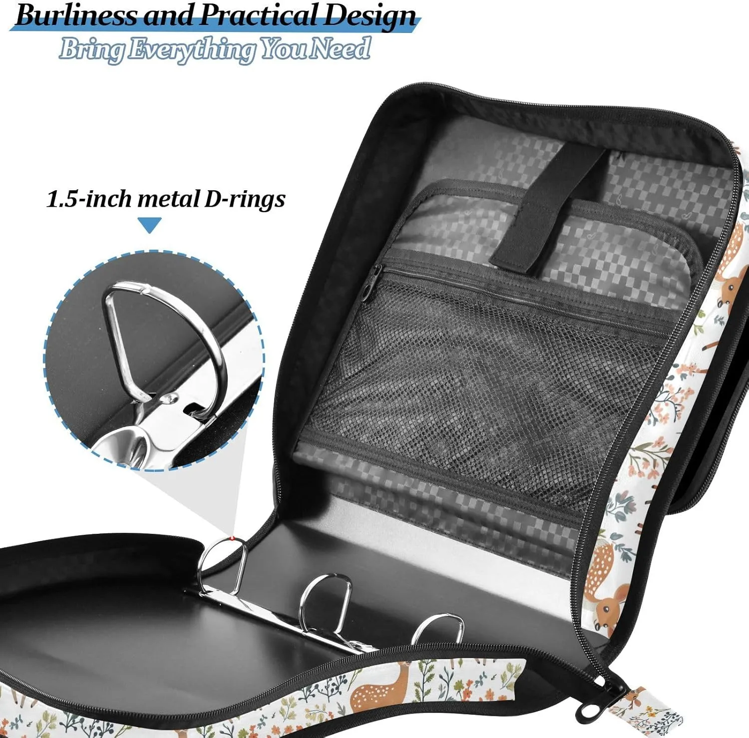 3 Rings 1.5 inch Zipper Binder with Handle Multi-Pocket Portable Home Travel Safe Storage Bag for School/Office Cute Deer