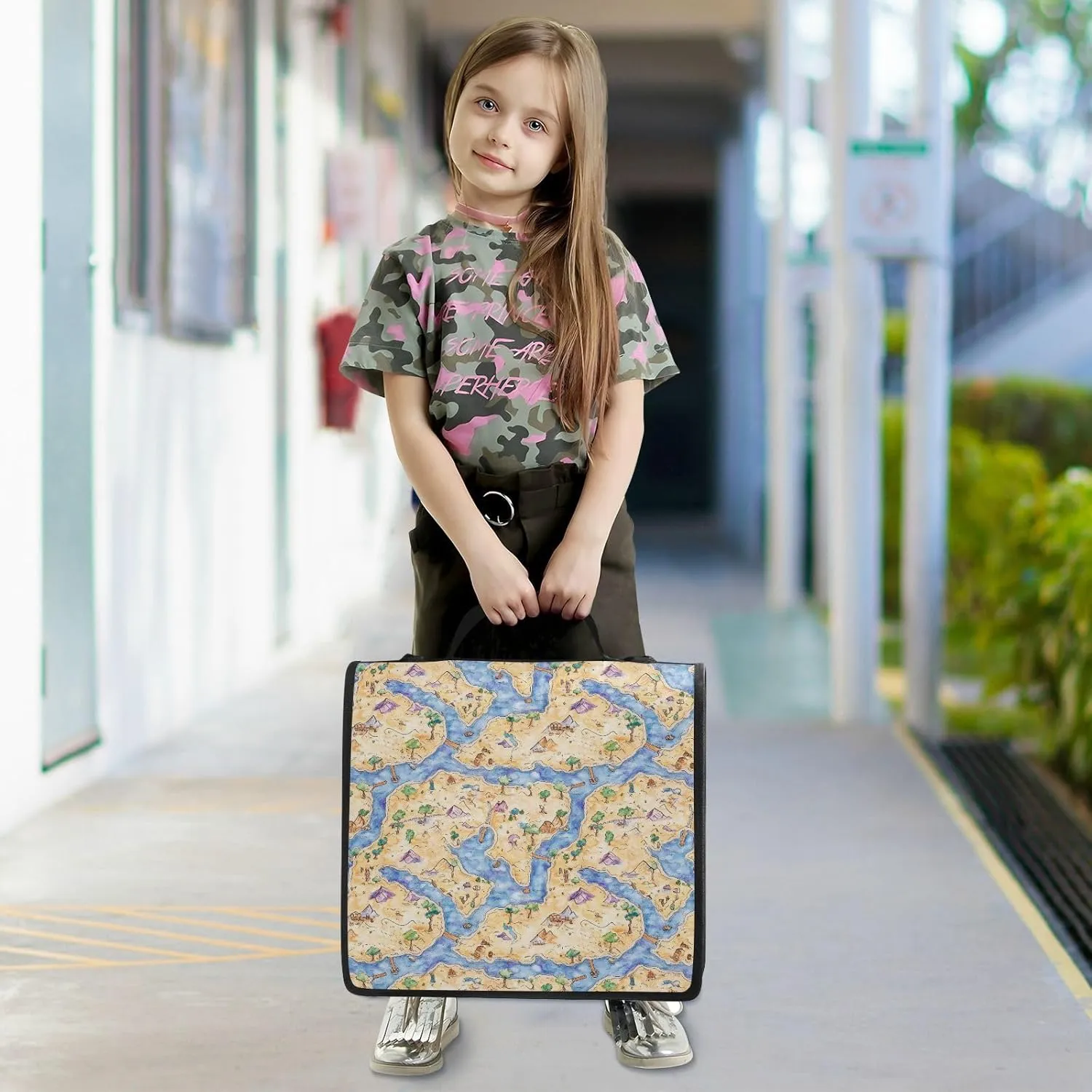3 Rings 1.5 inch Zippered Binder Bag with Shoulder Strap & Handle Easy to Carry Portable Home Travel Safe Storage Bag for School/Office Boho Game Map