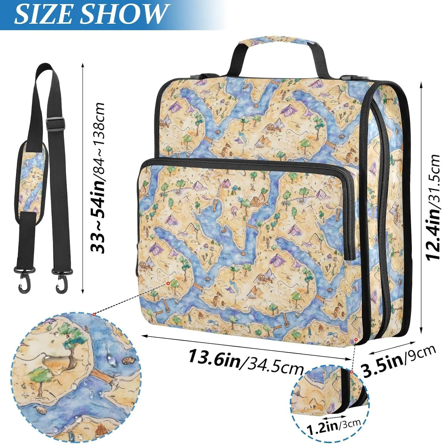 3 Rings 1.5 inch Zippered Binder Bag with Shoulder Strap & Handle Easy to Carry Portable Home Travel Safe Storage Bag for School/Office Boho Game Map