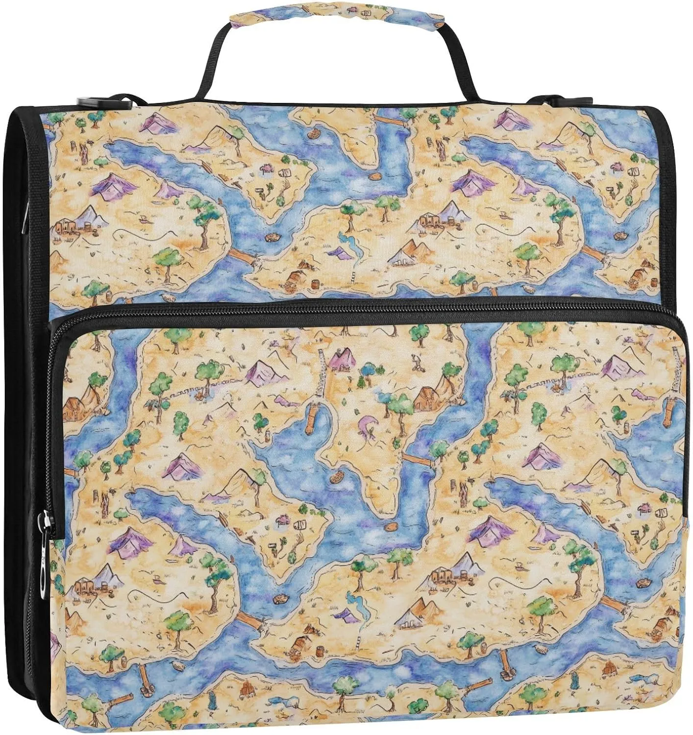 3 Rings 1.5 inch Zippered Binder Bag with Shoulder Strap & Handle Easy to Carry Portable Home Travel Safe Storage Bag for School/Office Boho Game Map