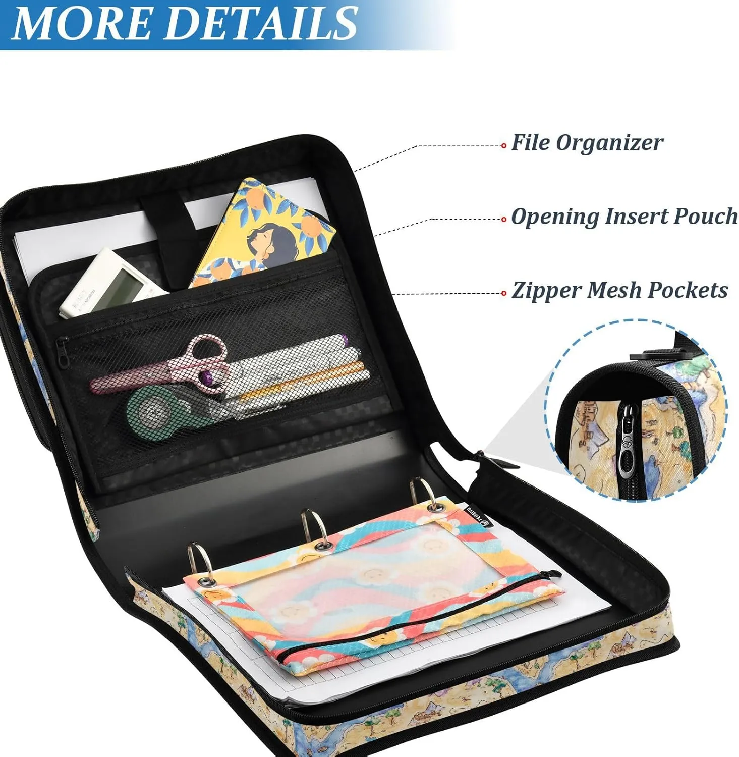 3 Rings 1.5 inch Zippered Binder Bag with Shoulder Strap & Handle Easy to Carry Portable Home Travel Safe Storage Bag for School/Office Boho Game Map