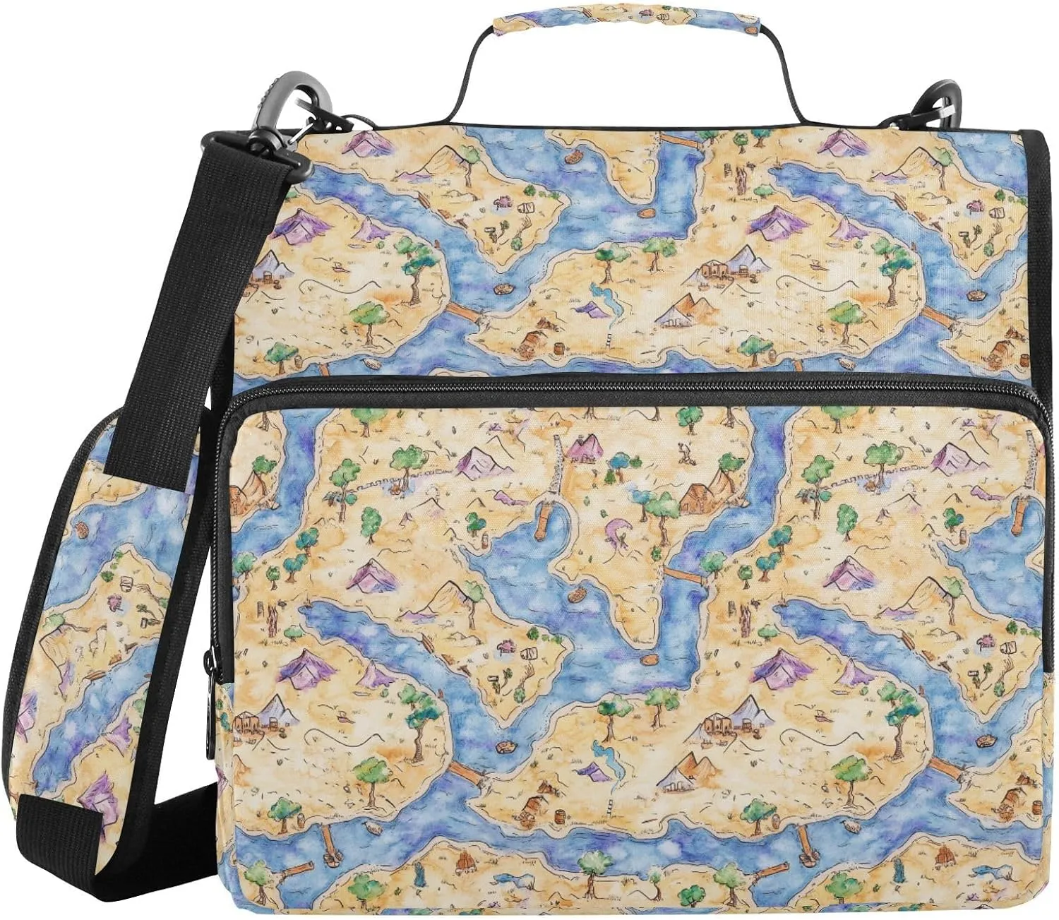 3 Rings 1.5 inch Zippered Binder Bag with Shoulder Strap & Handle Easy to Carry Portable Home Travel Safe Storage Bag for School/Office Boho Game Map