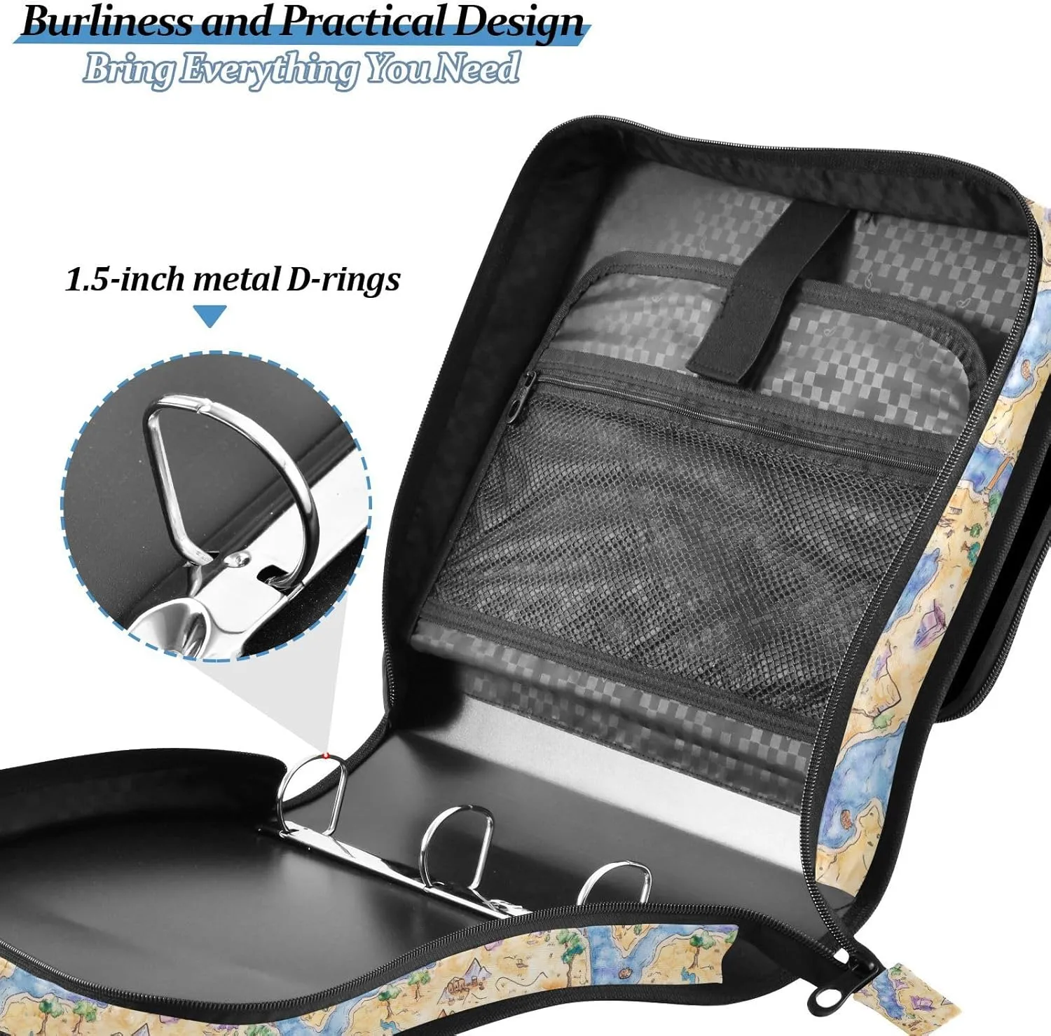 3 Rings 1.5 inch Zippered Binder Bag with Shoulder Strap & Handle Easy to Carry Portable Home Travel Safe Storage Bag for School/Office Boho Game Map