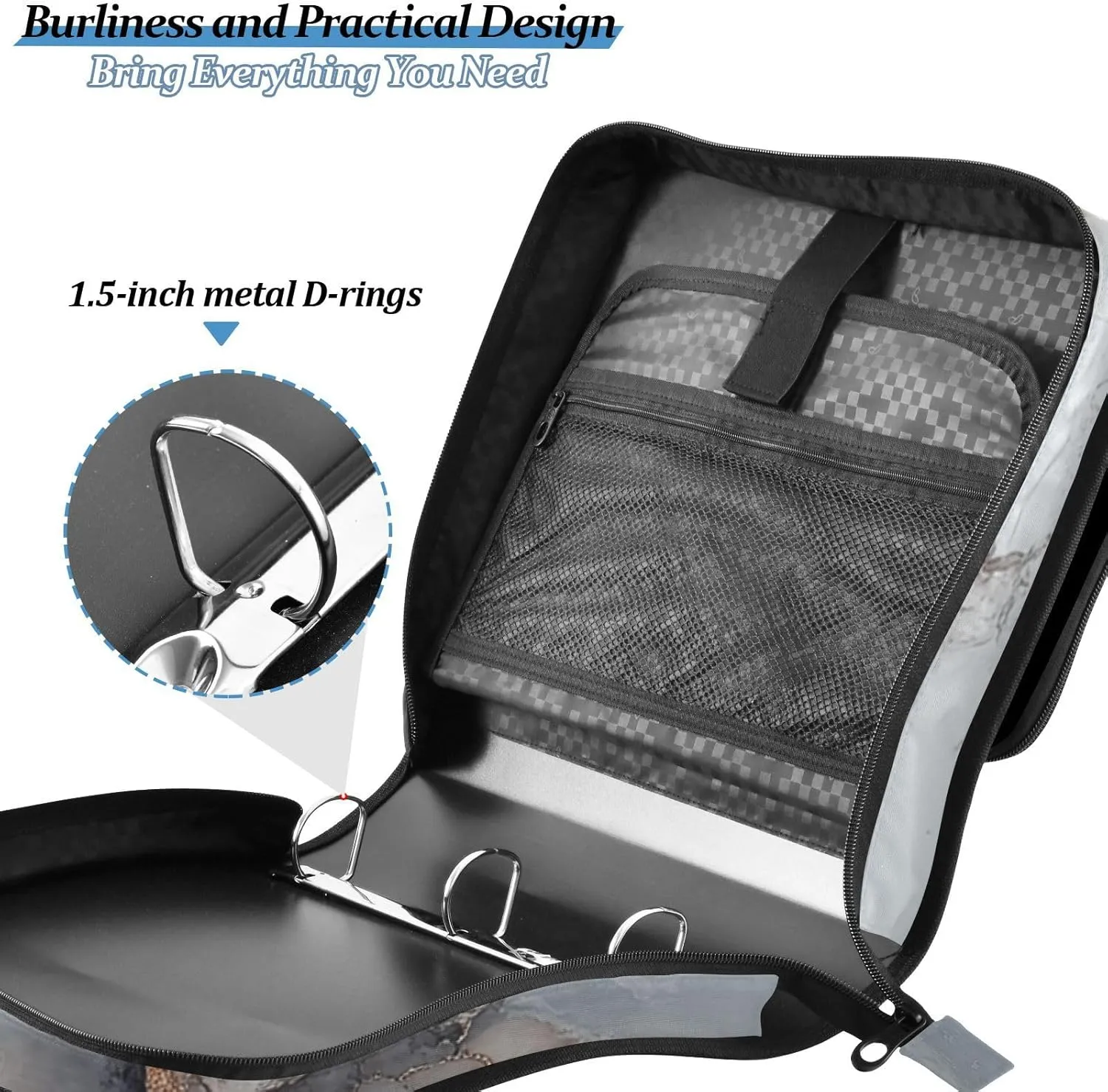 3 Rings Zip Up Binder with Shoulder Strap Includes Zip Pocket Portable Home Travel Safe Storage Bag for Office School Marble White Grey
