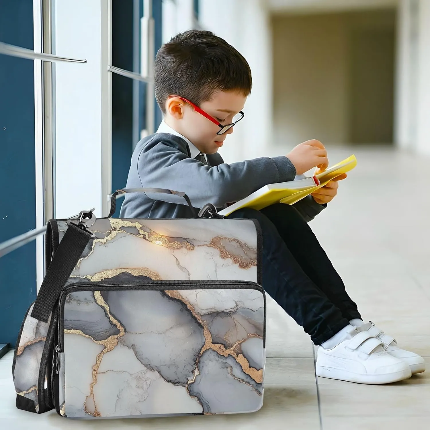 3 Rings Zip Up Binder with Shoulder Strap Includes Zip Pocket Portable Home Travel Safe Storage Bag for Office School Marble White Grey