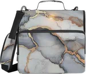 3 Rings Zip Up Binder with Shoulder Strap Includes Zip Pocket Portable Home Travel Safe Storage Bag for Office School Marble White Grey
