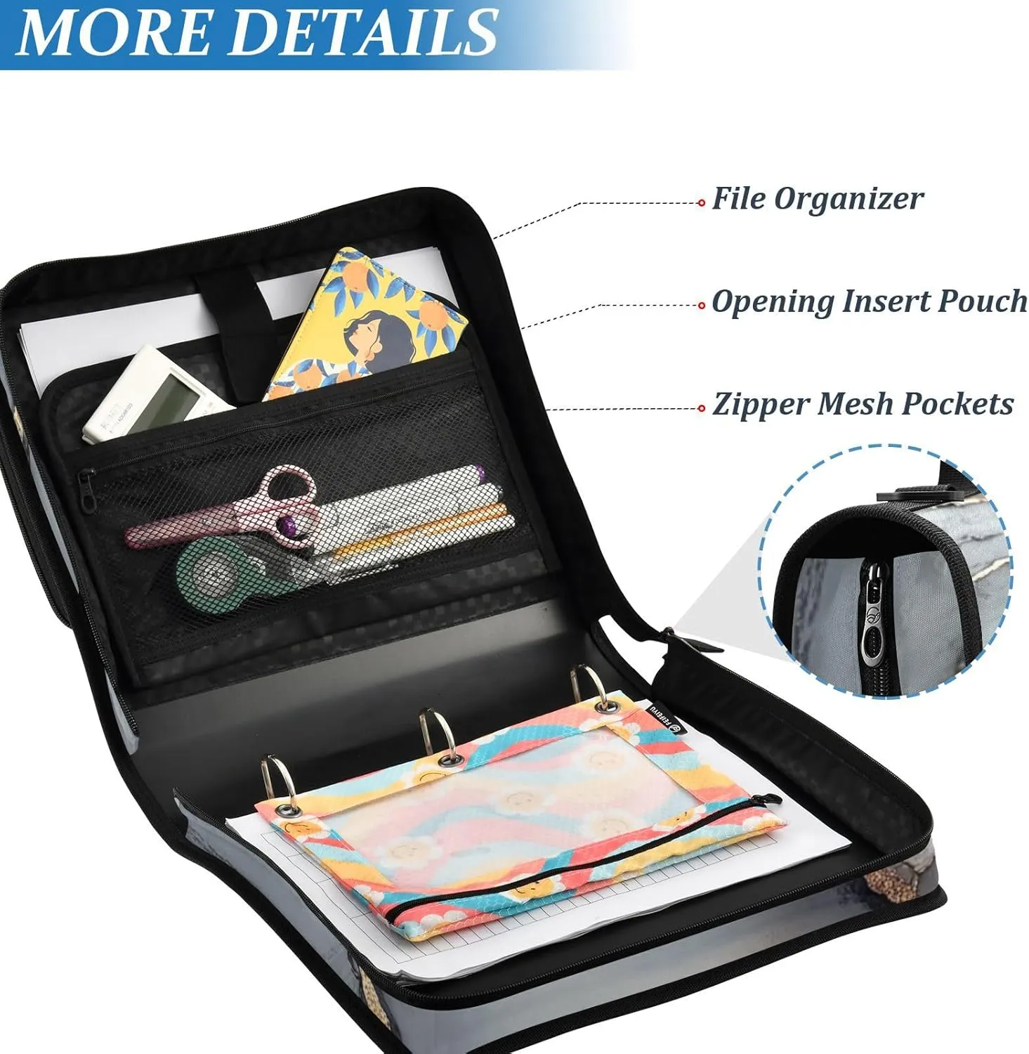 3 Rings Zip Up Binder with Shoulder Strap Includes Zip Pocket Portable Home Travel Safe Storage Bag for Office School Marble White Grey