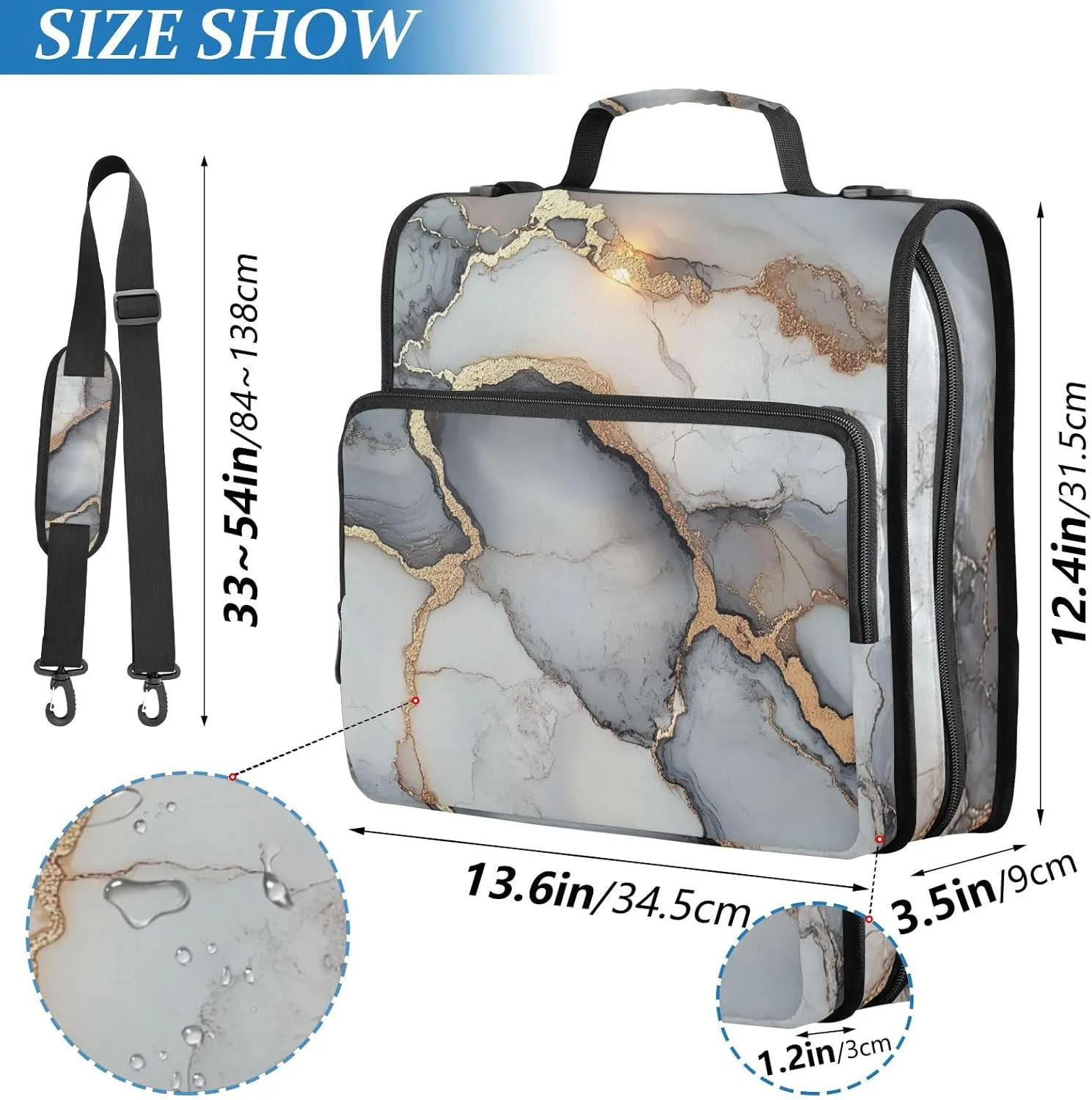 3 Rings Zip Up Binder with Shoulder Strap Includes Zip Pocket Portable Home Travel Safe Storage Bag for Office School Marble White Grey