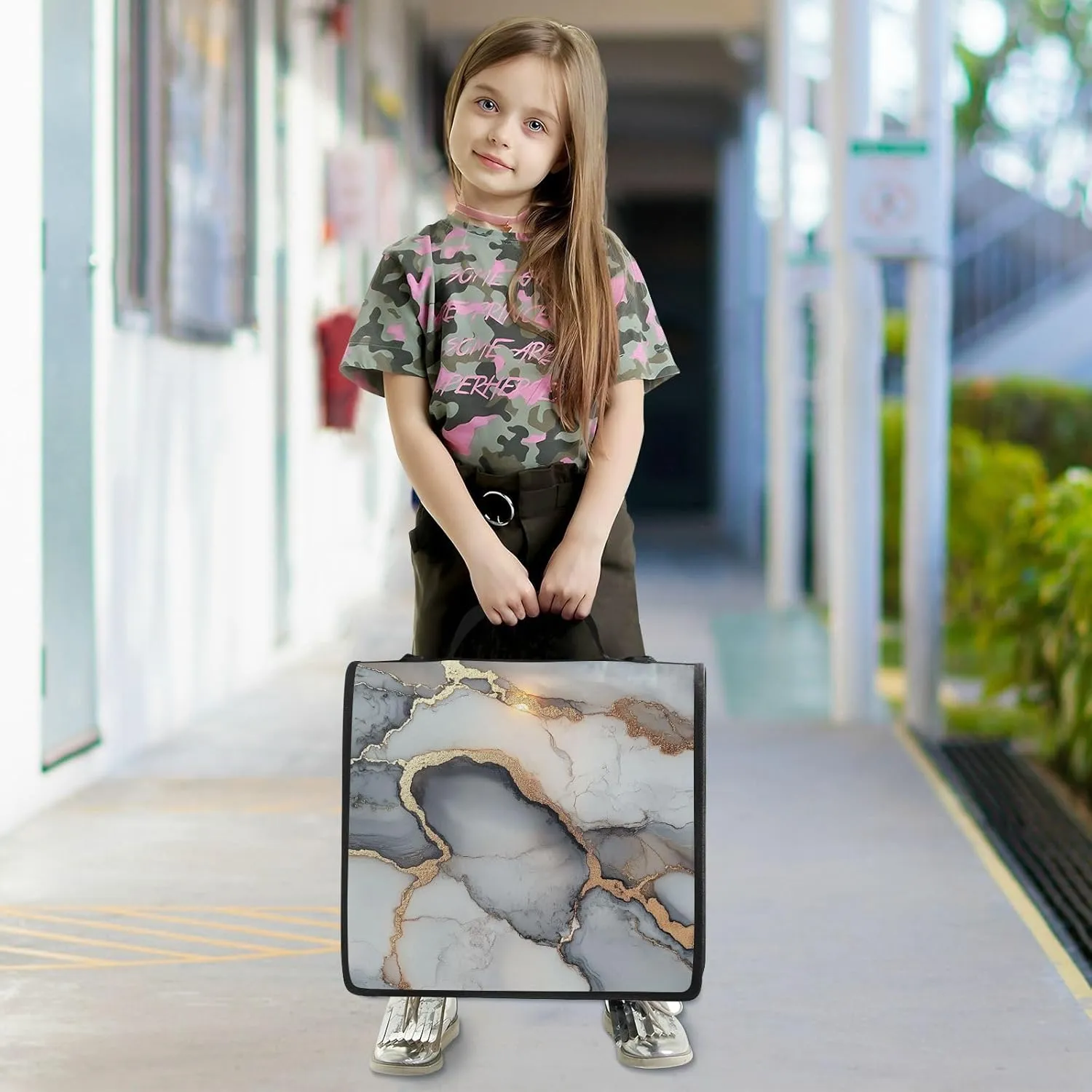 3 Rings Zip Up Binder with Shoulder Strap Includes Zip Pocket Portable Home Travel Safe Storage Bag for Office School Marble White Grey