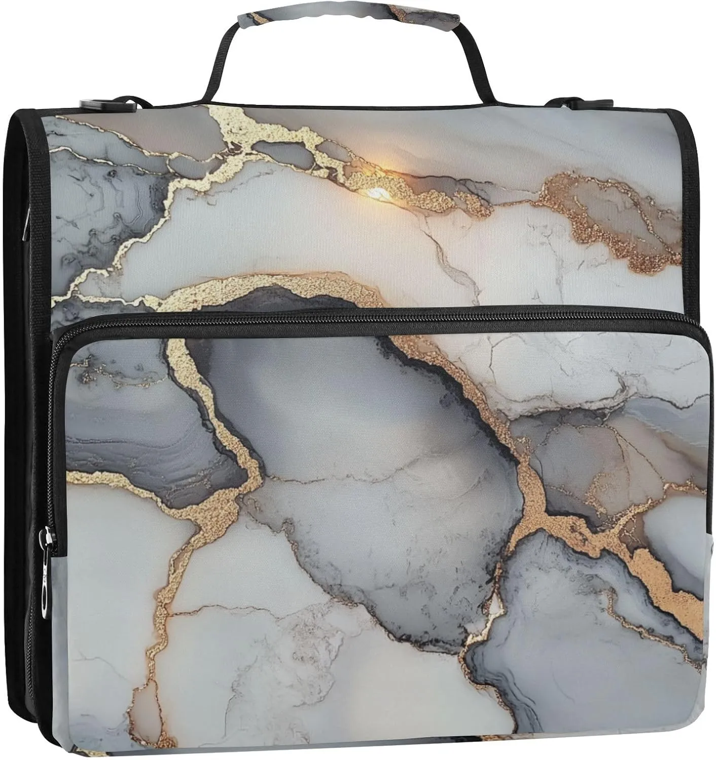3 Rings Zip Up Binder with Shoulder Strap Includes Zip Pocket Portable Home Travel Safe Storage Bag for Office School Marble White Grey