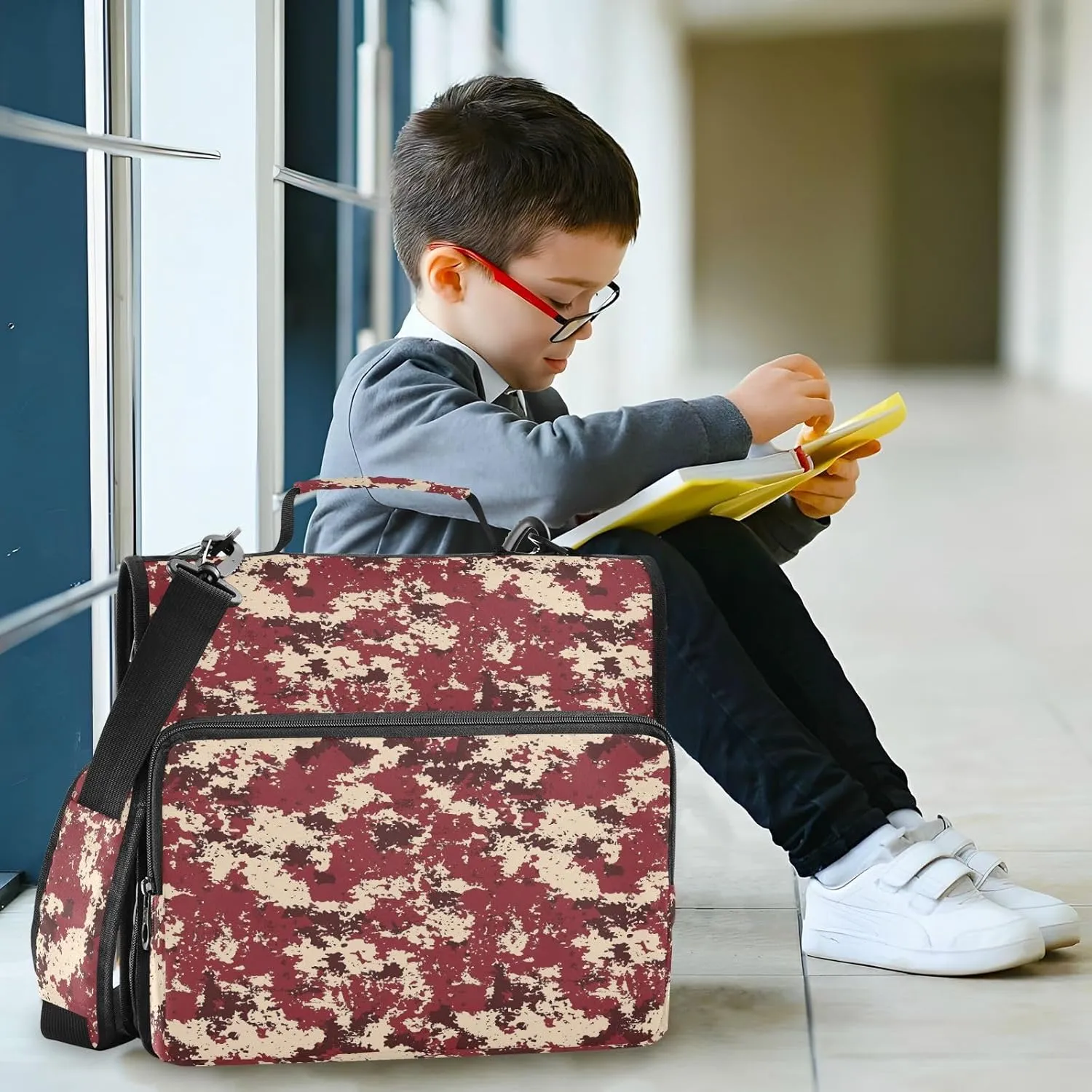 3 Rings Zipper Binder Organizer with Shoulder Strap Multiple Pockets School Binders Organizer for School Camouflage Burgundy