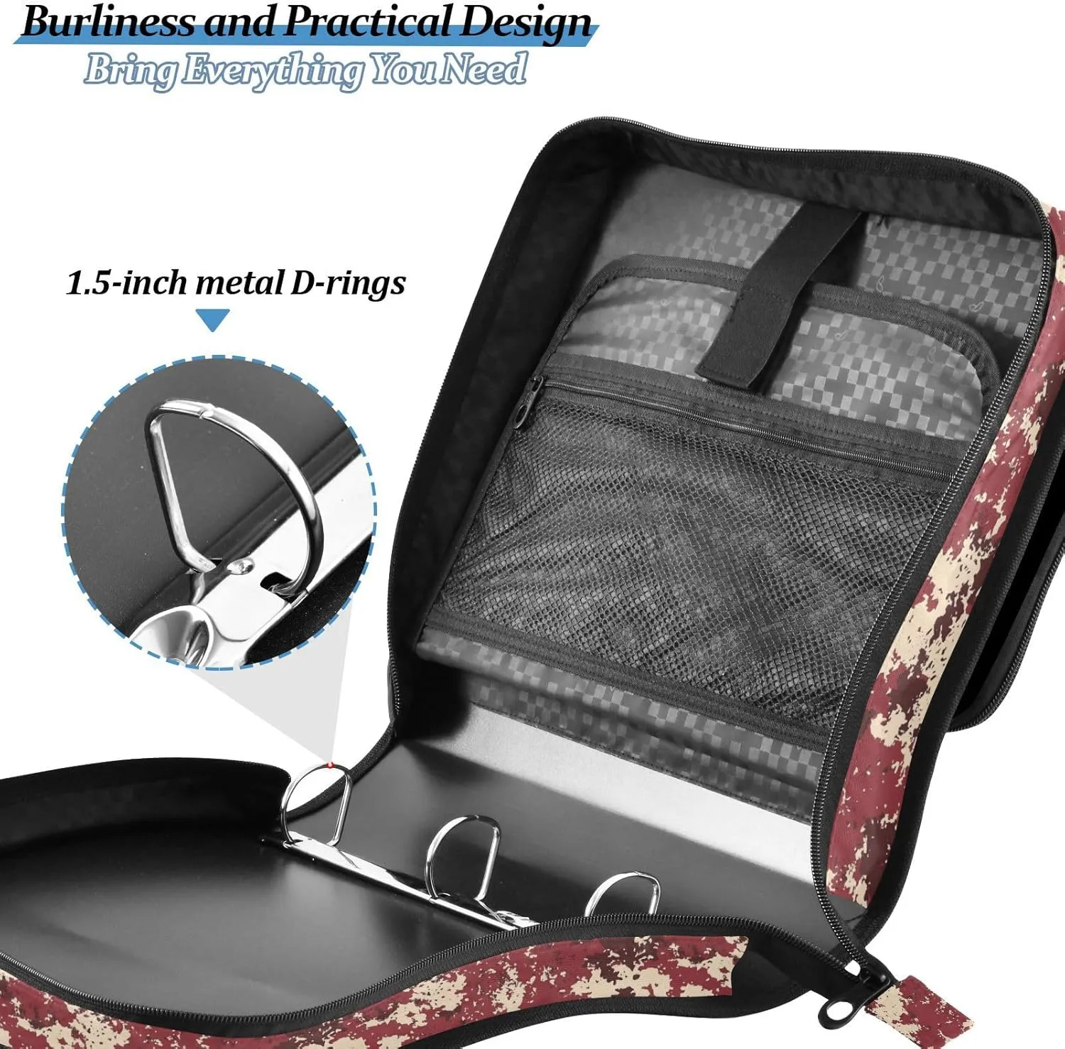 3 Rings Zipper Binder Organizer with Shoulder Strap Multiple Pockets School Binders Organizer for School Camouflage Burgundy