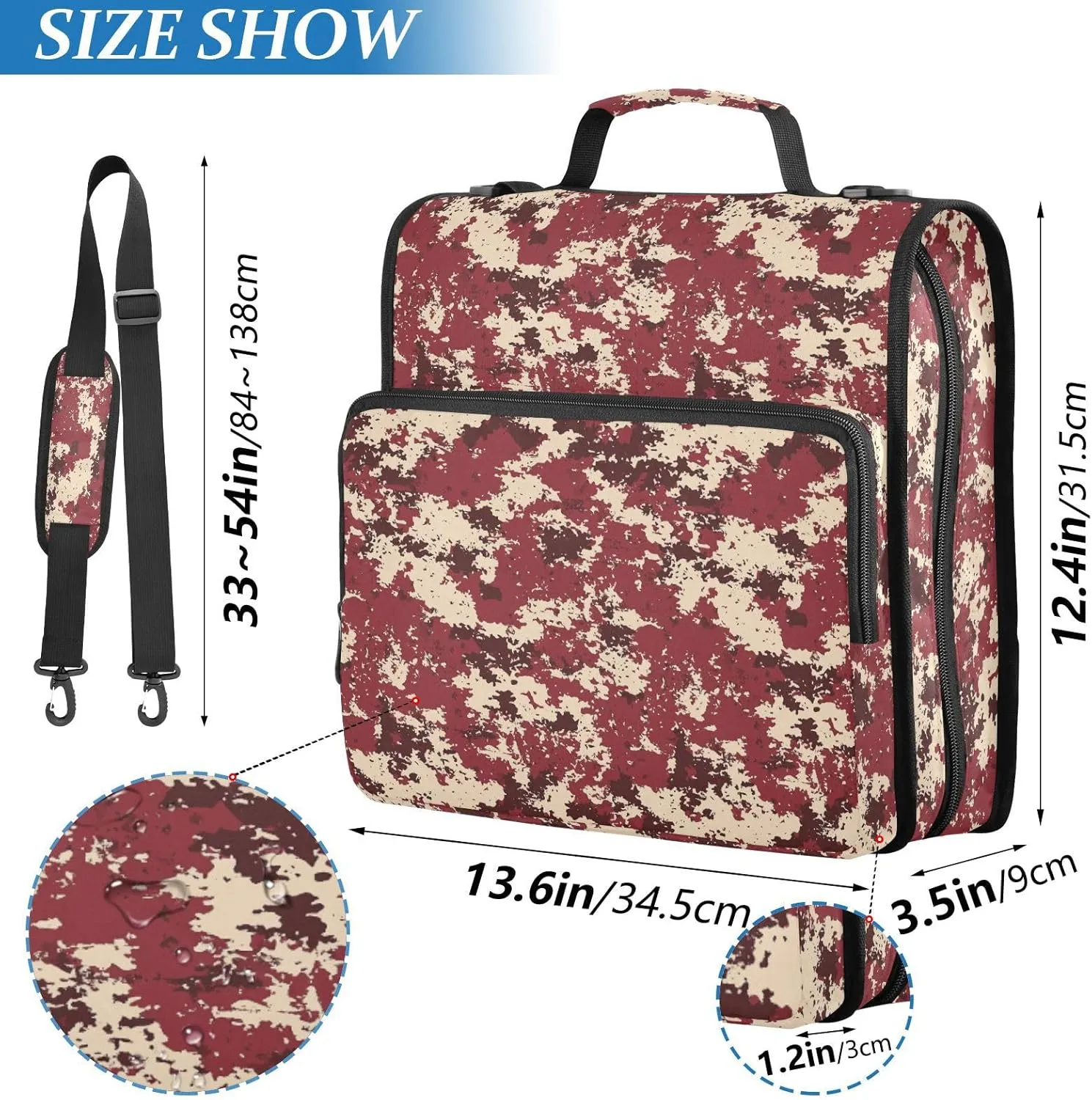 3 Rings Zipper Binder Organizer with Shoulder Strap Multiple Pockets School Binders Organizer for School Camouflage Burgundy