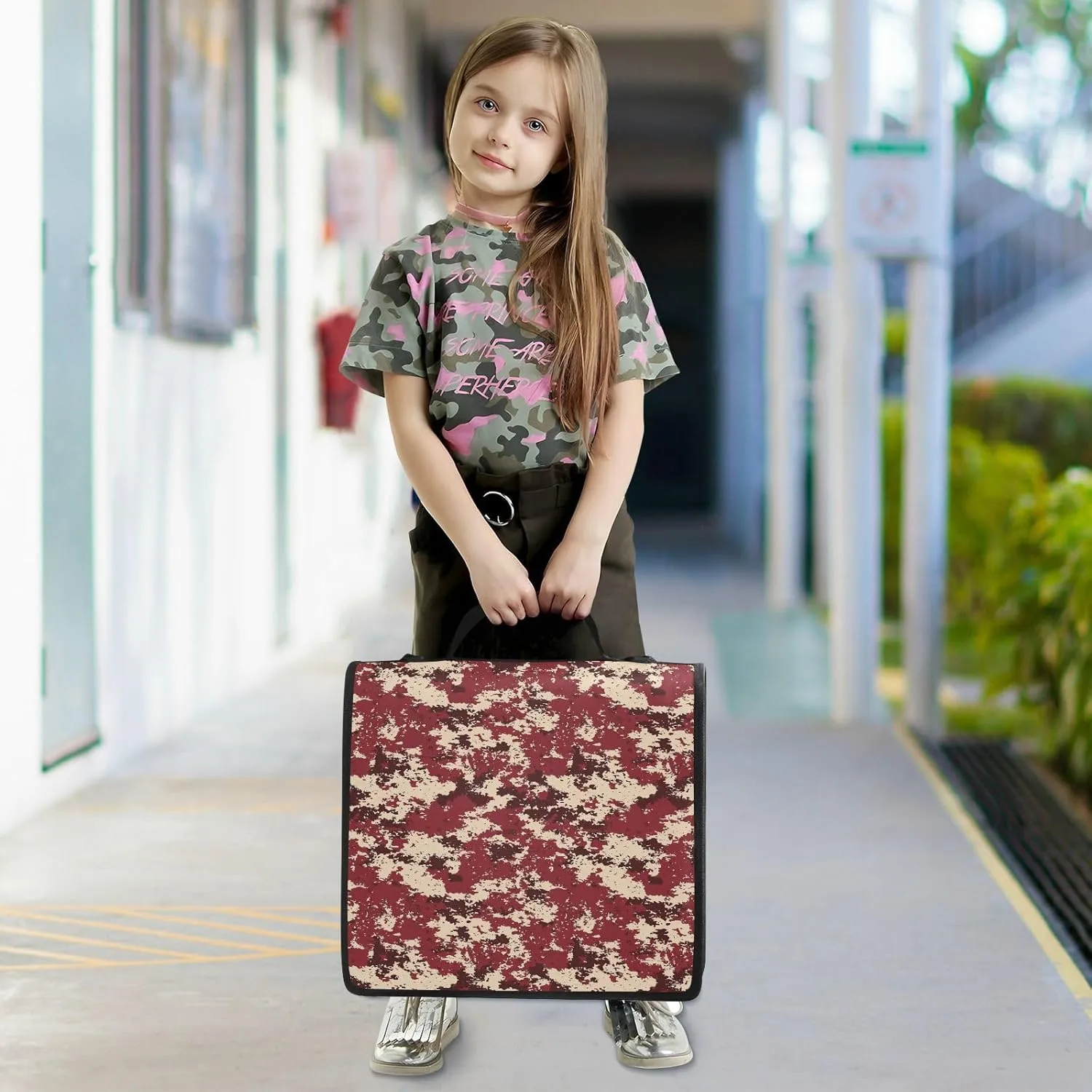 3 Rings Zipper Binder Organizer with Shoulder Strap Multiple Pockets School Binders Organizer for School Camouflage Burgundy