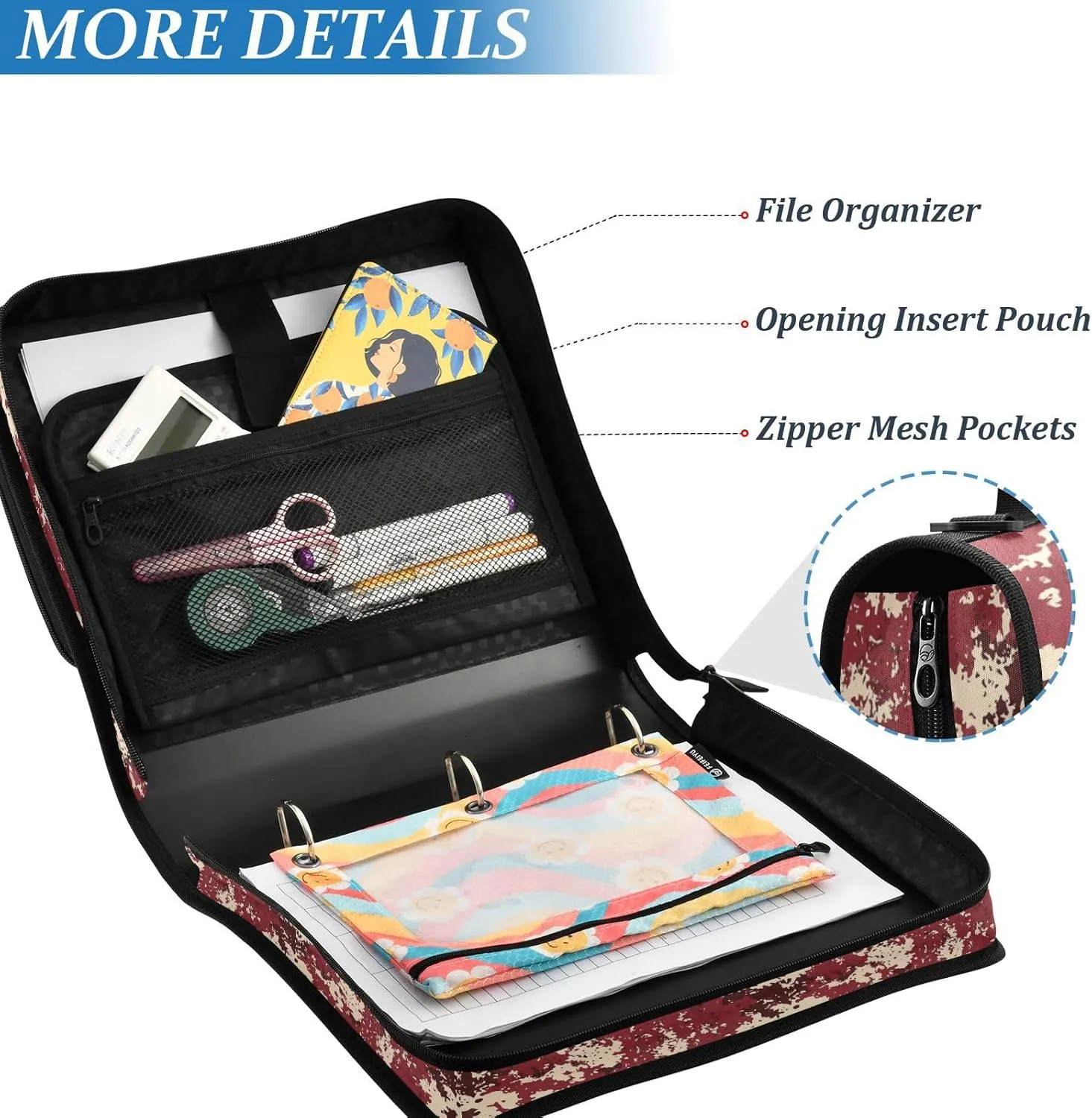 3 Rings Zipper Binder Organizer with Shoulder Strap Multiple Pockets School Binders Organizer for School Camouflage Burgundy