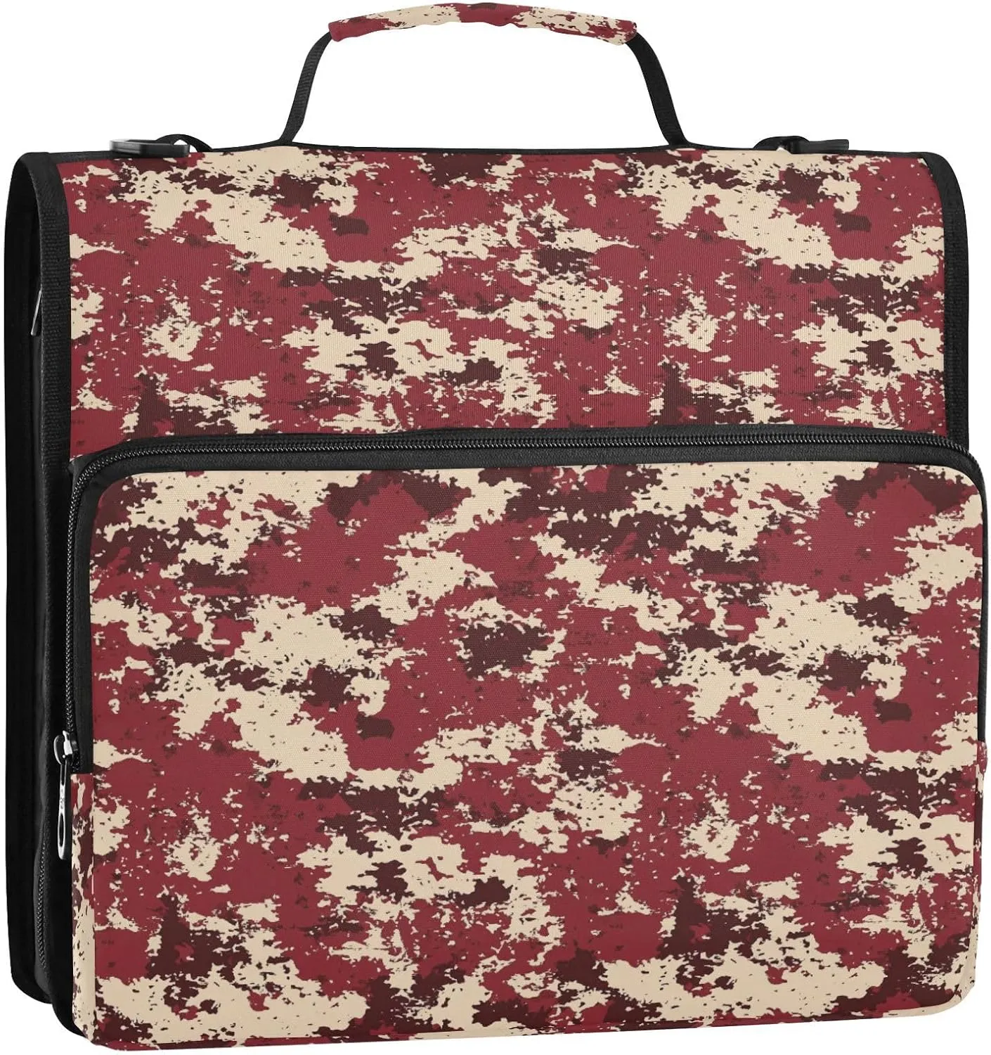 3 Rings Zipper Binder Organizer with Shoulder Strap Multiple Pockets School Binders Organizer for School Camouflage Burgundy