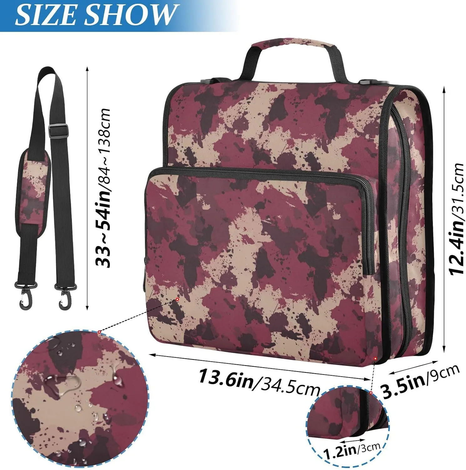 3 Rings Zippered Binder Bag with Handle and Removable Shoulder Strap Easy to Carry Document Organizer Bag for School/Office Camouflage Burgundy