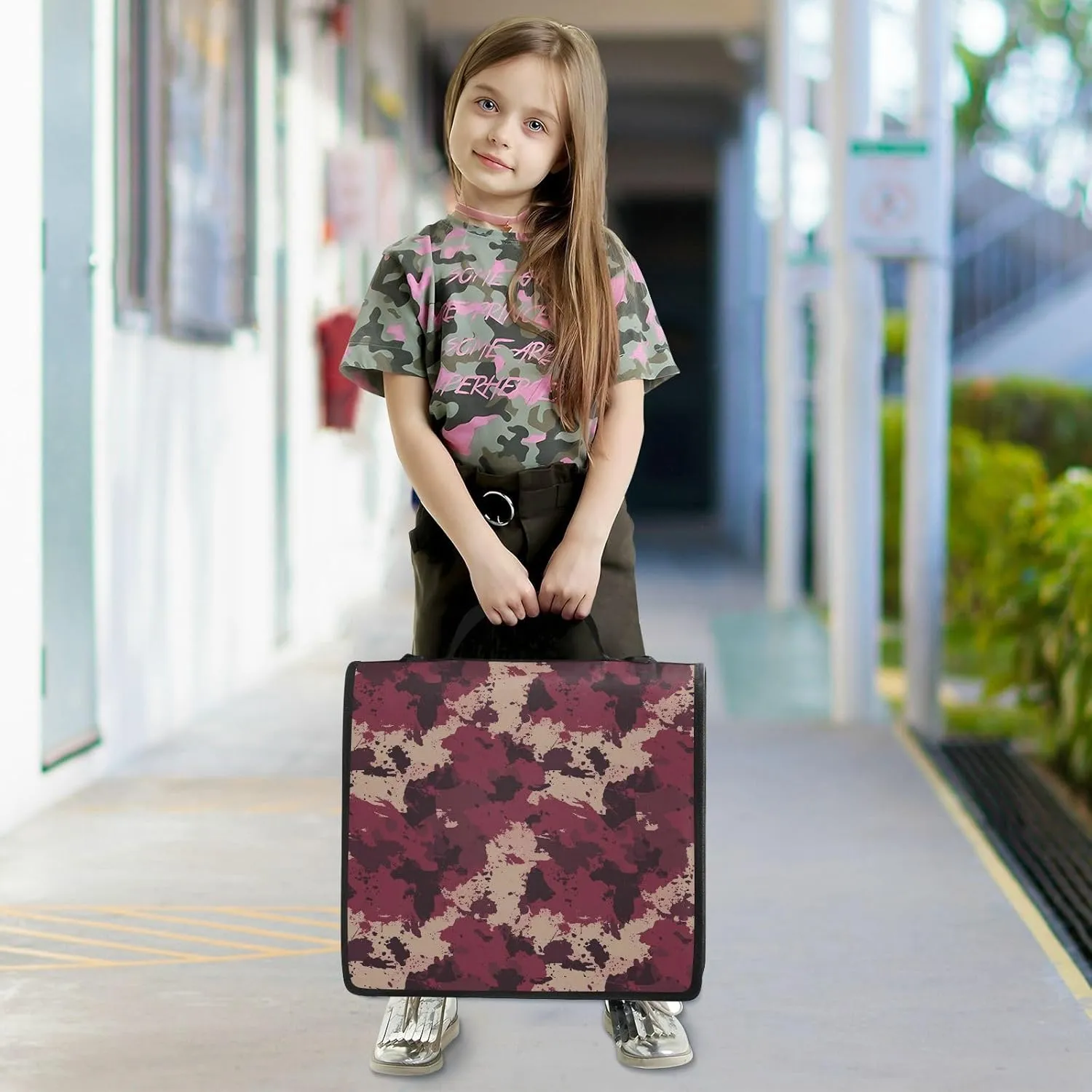 3 Rings Zippered Binder Bag with Handle and Removable Shoulder Strap Easy to Carry Document Organizer Bag for School/Office Camouflage Burgundy