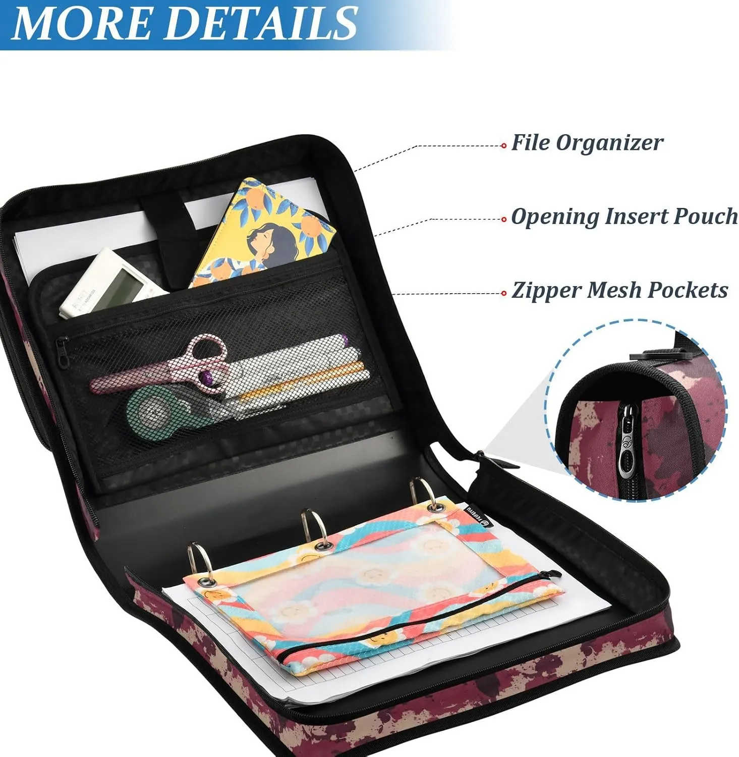 3 Rings Zippered Binder Bag with Handle and Removable Shoulder Strap Easy to Carry Document Organizer Bag for School/Office Camouflage Burgundy