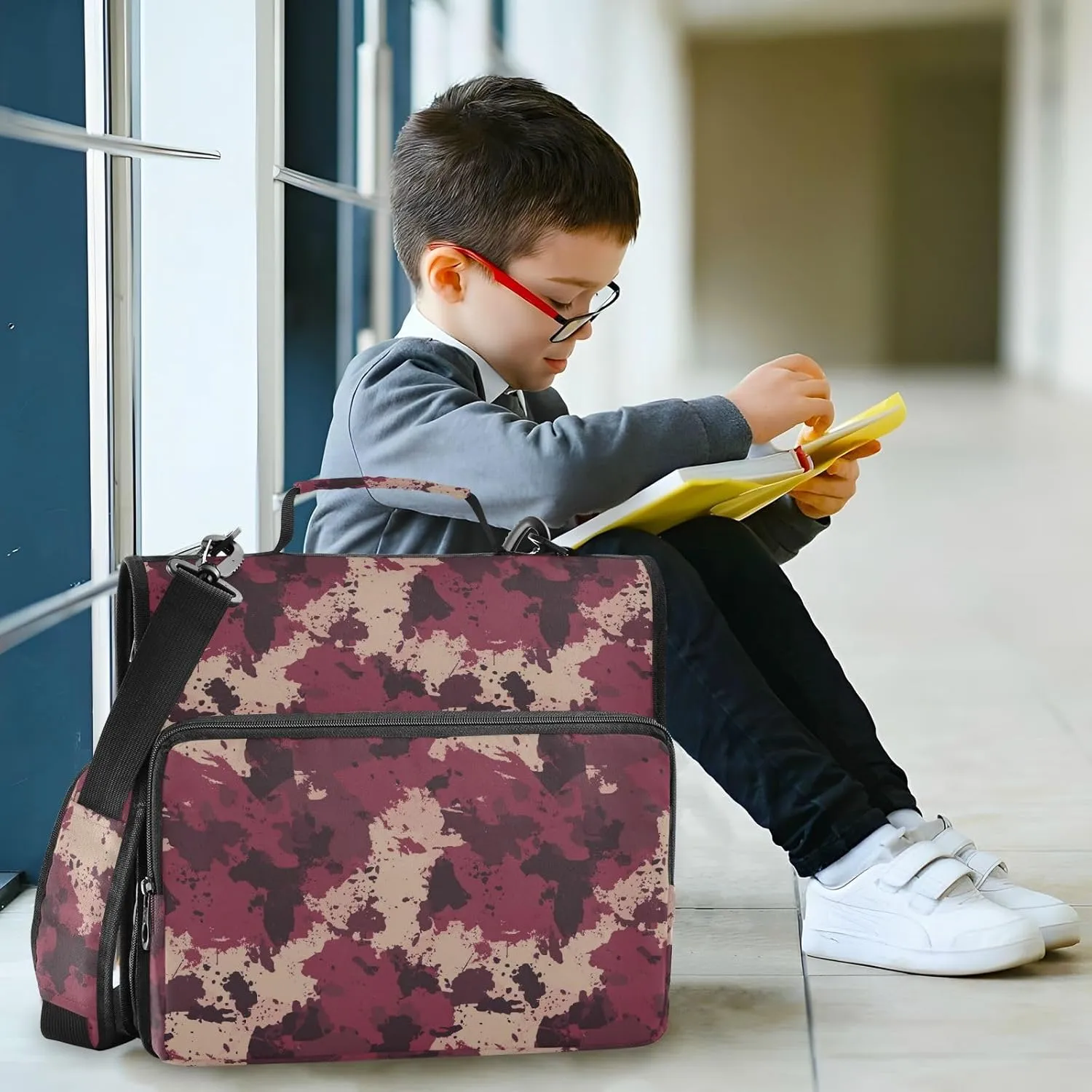 3 Rings Zippered Binder Bag with Handle and Removable Shoulder Strap Easy to Carry Document Organizer Bag for School/Office Camouflage Burgundy