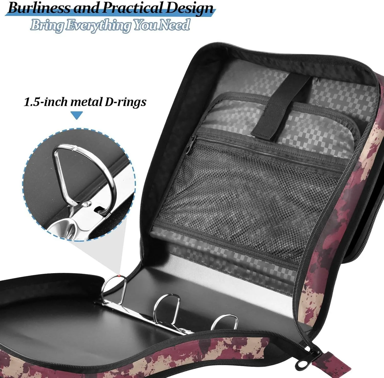 3 Rings Zippered Binder Bag with Handle and Removable Shoulder Strap Easy to Carry Document Organizer Bag for School/Office Camouflage Burgundy